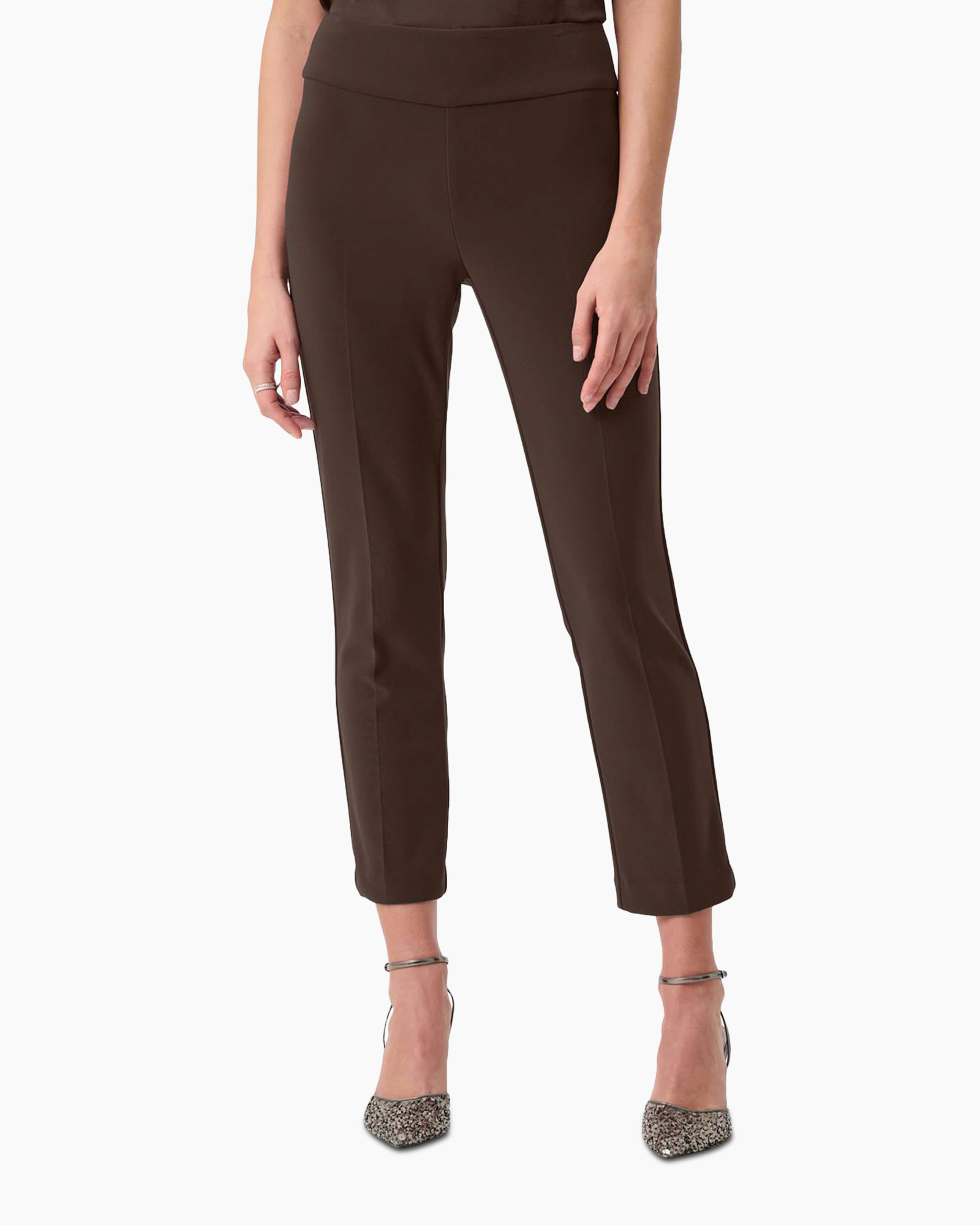 pants, slacks, brown, ankle-length, heels