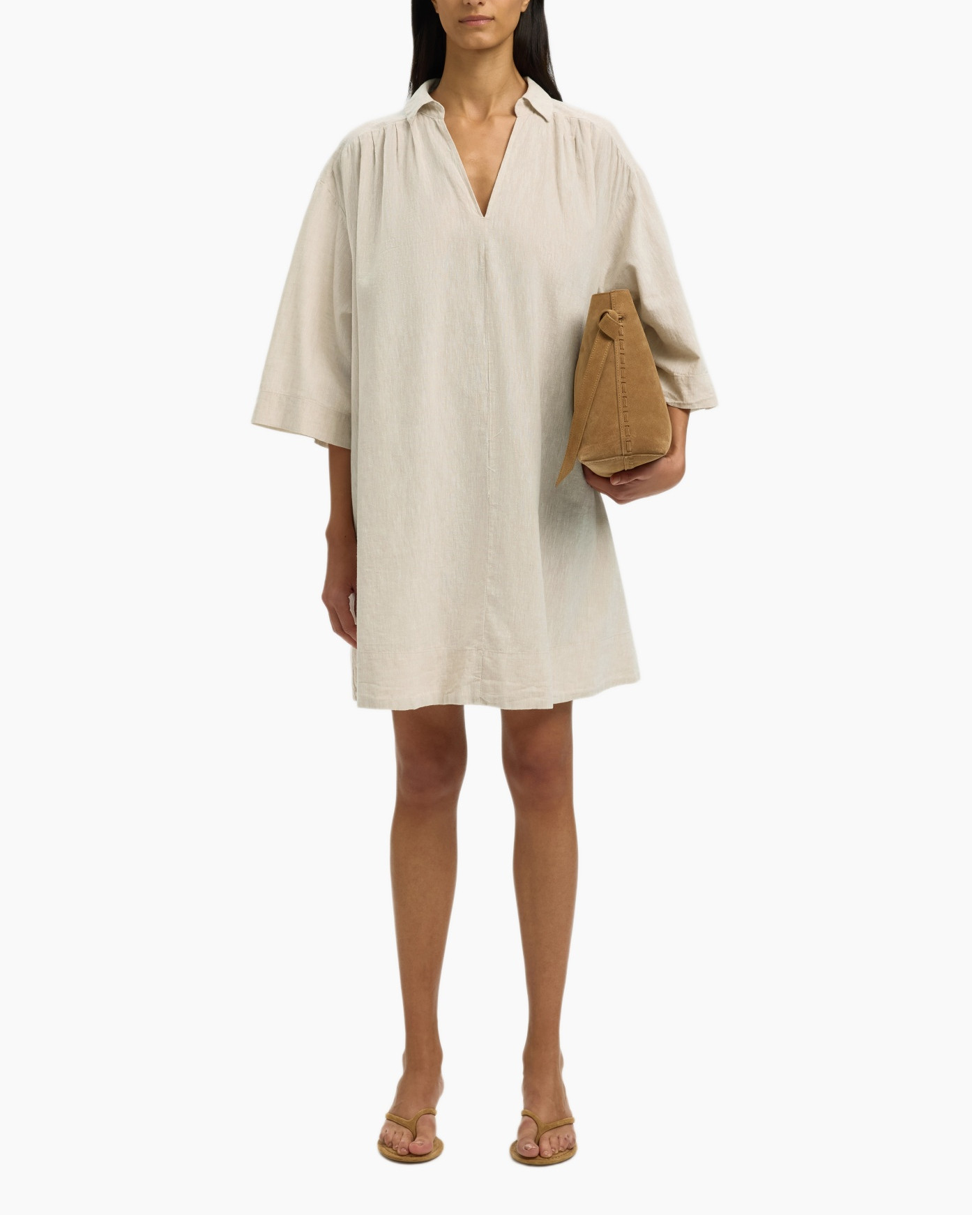 linen, shift dress, beige, knee-length, short sleeves