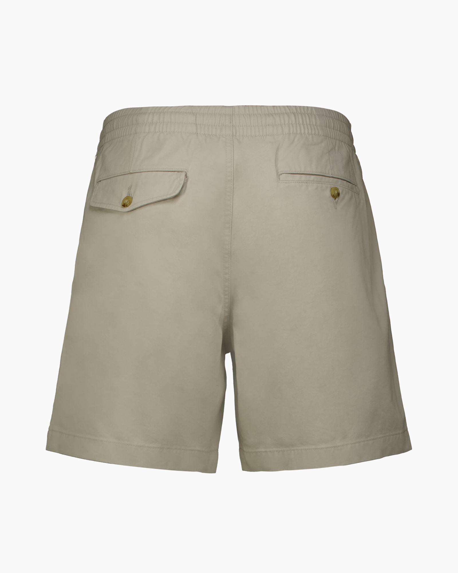 shorts, beige, elastic waistband, button, pocket