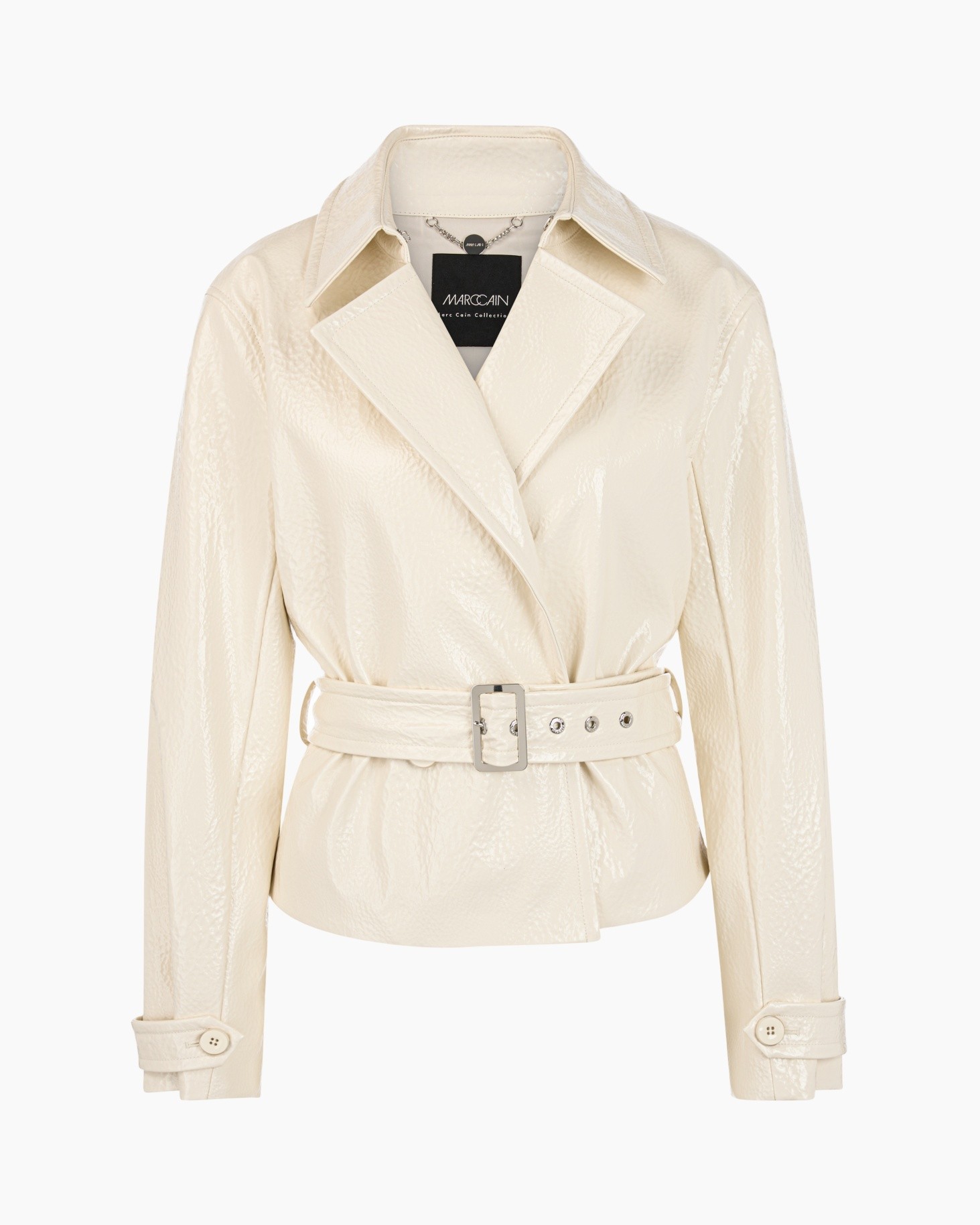 leather jacket, beige, belted, trench style, long sleeve