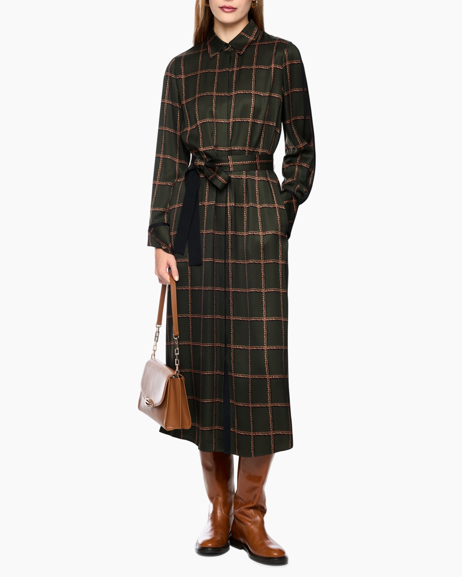 dress, shirt dress, plaid, belt, knee-length
