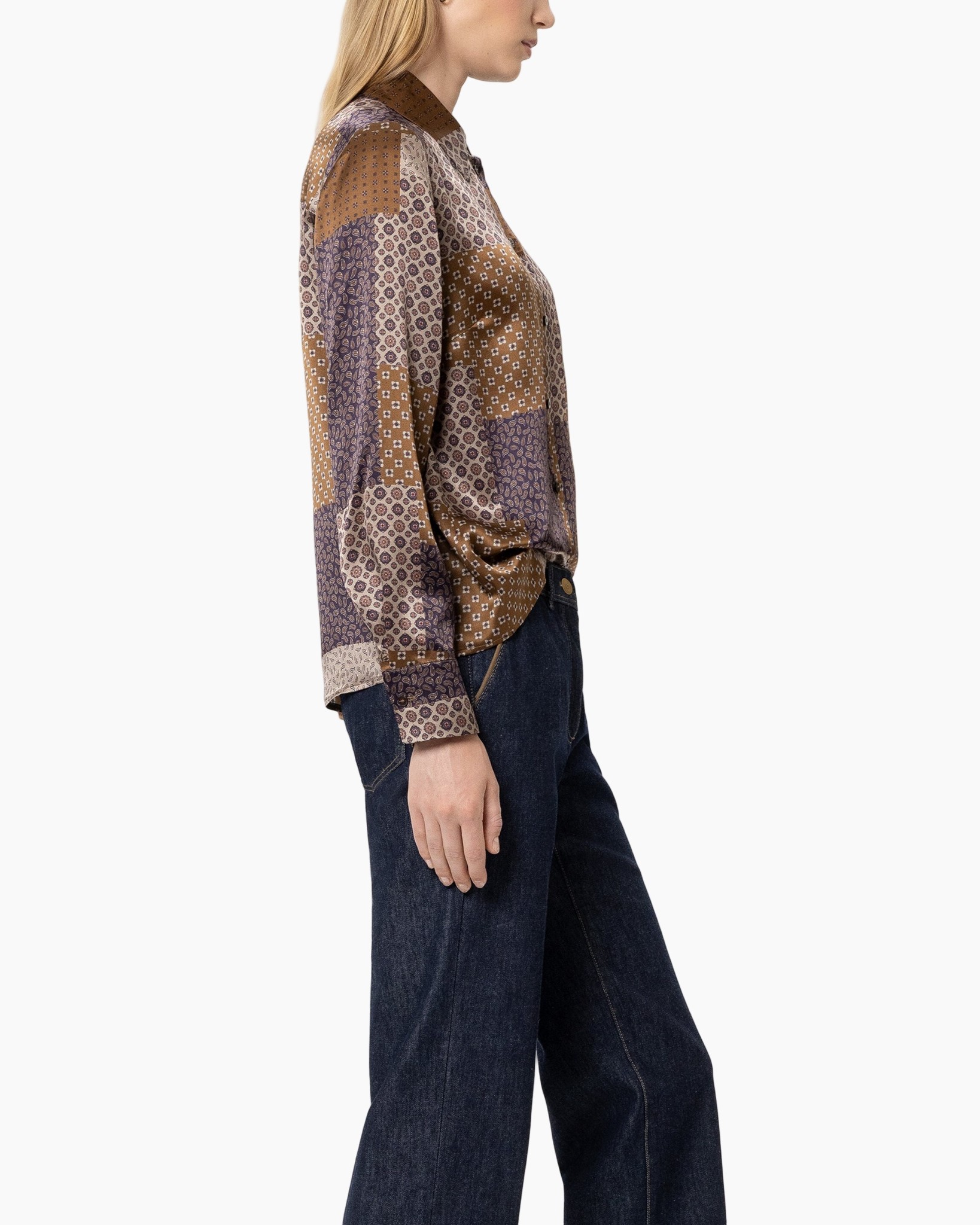 patterned blouse, patchwork, long sleeve, collared, brown purple