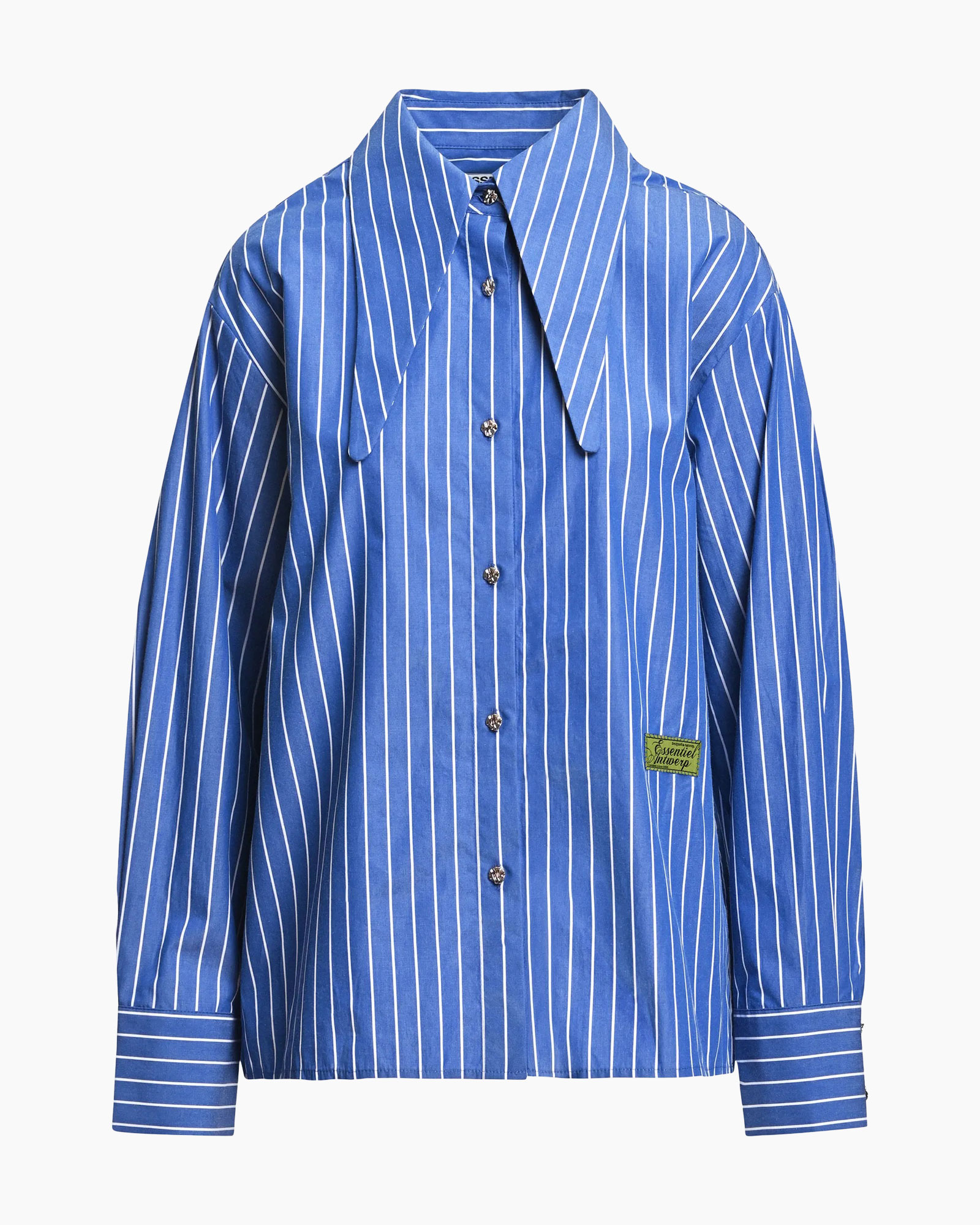 striped shirt, blue shirt, button-up, collared, long sleeves