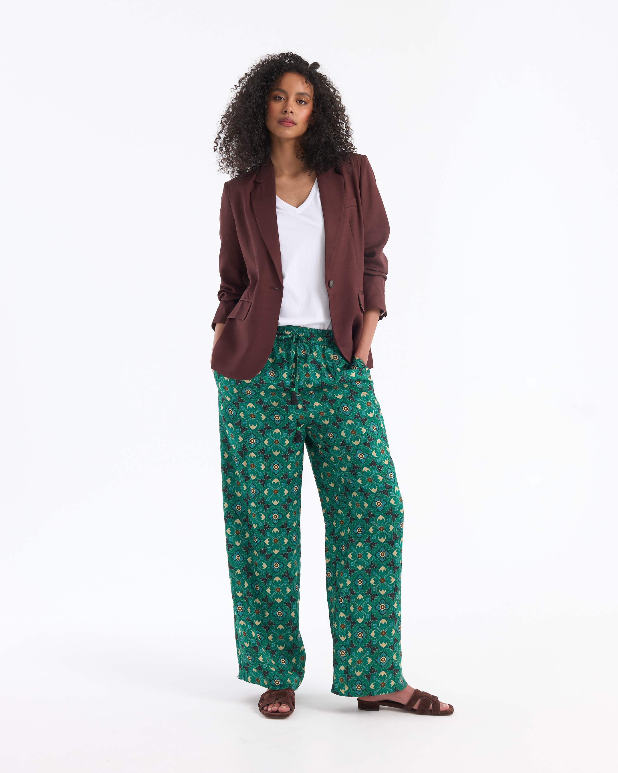 blazer, brown blazer, women, multicolored pants, floral print pants