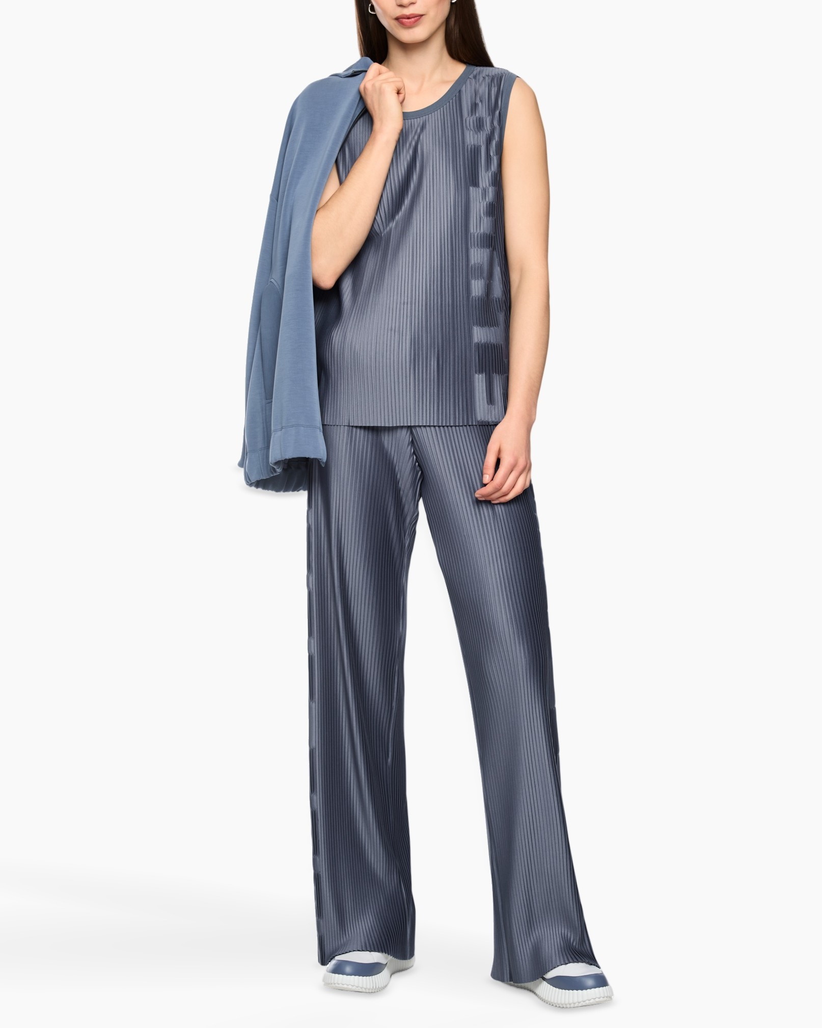 pajama set, silky top, wide leg pants, pleated, solid blue