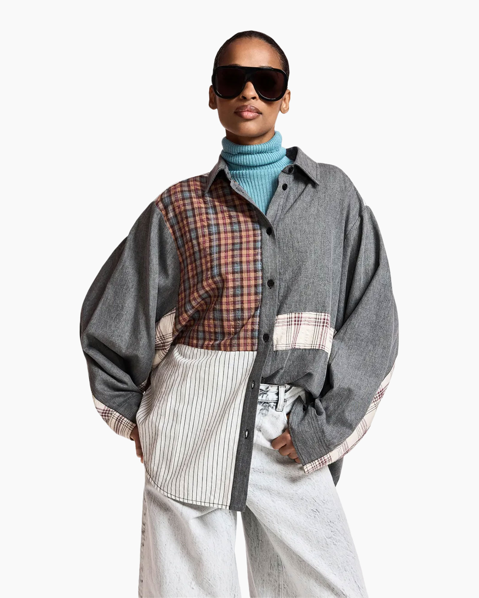 shirt, patchwork, plaid, denim, oversized