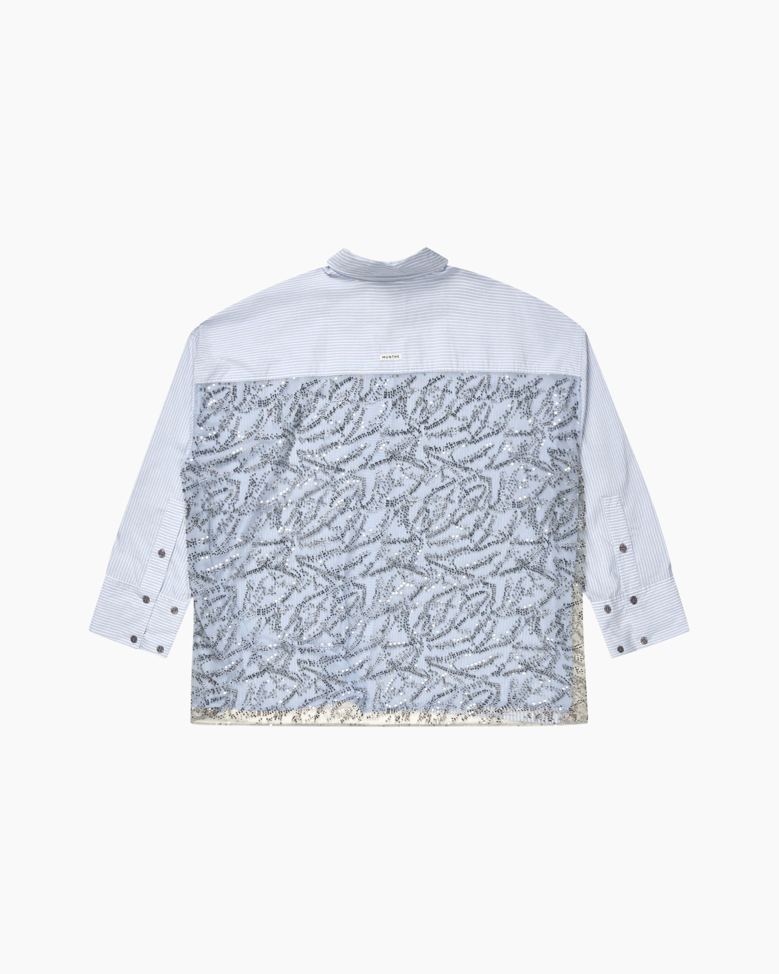 shirt, blouse, striped, sequined, mesh overlay