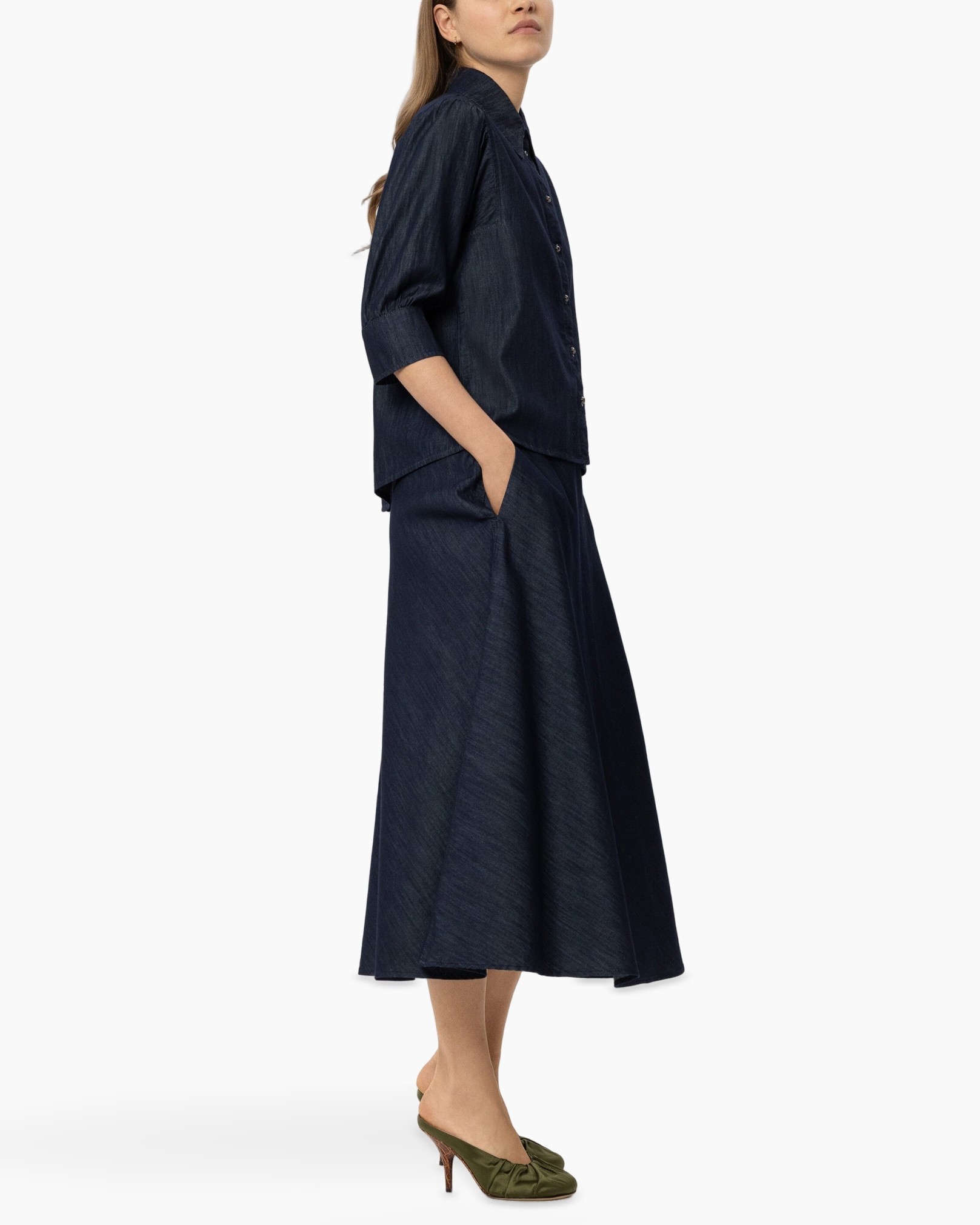 denim, top, wide-leg, long skirt, three-quarter sleeves