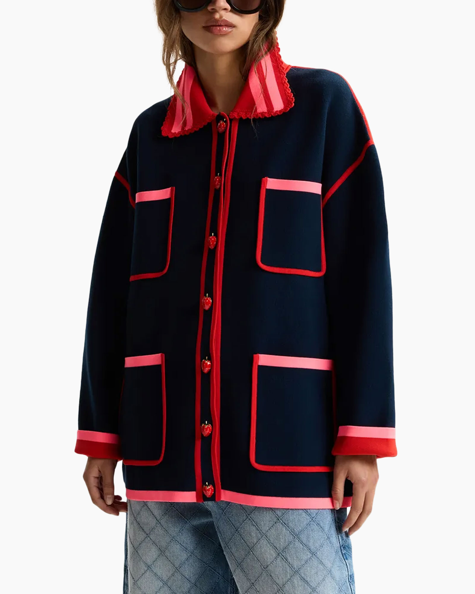 cardigan, navy, pink trim, pockets, long-sleeve