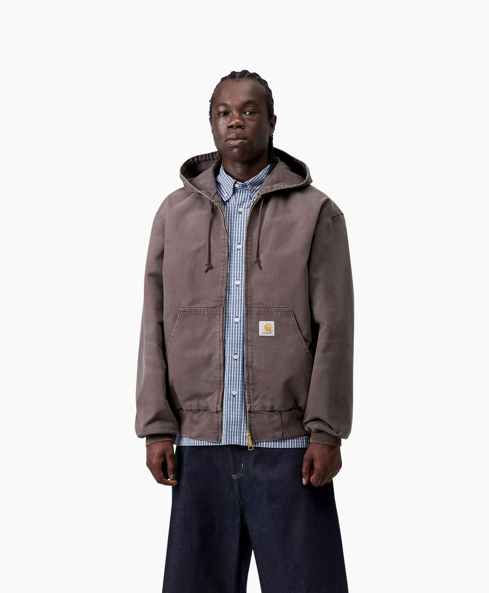 hooded jacket, brown, zipper, pockets, carhartt logo