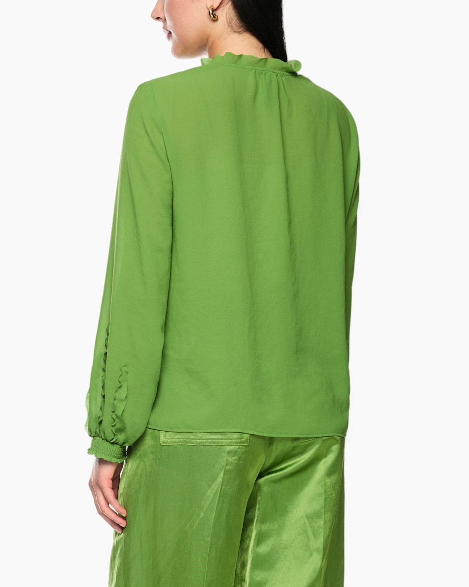 green, blouse, long sleeves, collared, crinkle details