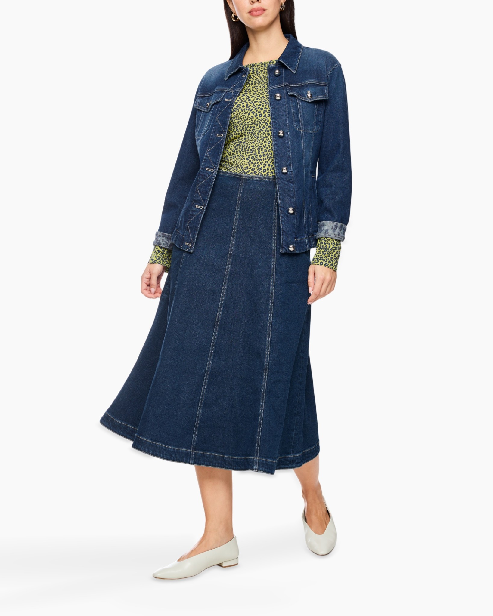 denim jacket, denim dress, jean outfit, leopard print top, mid-length skirt