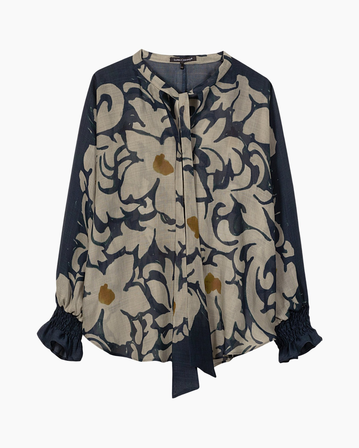 blouse, long-sleeve, abstract pattern, tie-neck, navy