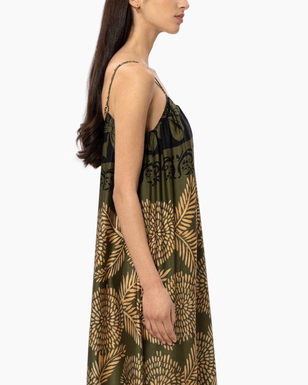 dress, maxi dress, spaghetti straps, printed pattern, olive green