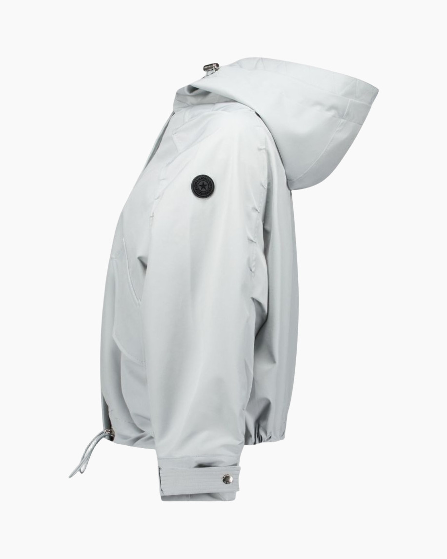 hooded jacket, light gray, windbreaker, pillowy hood, adjustable cuffs
