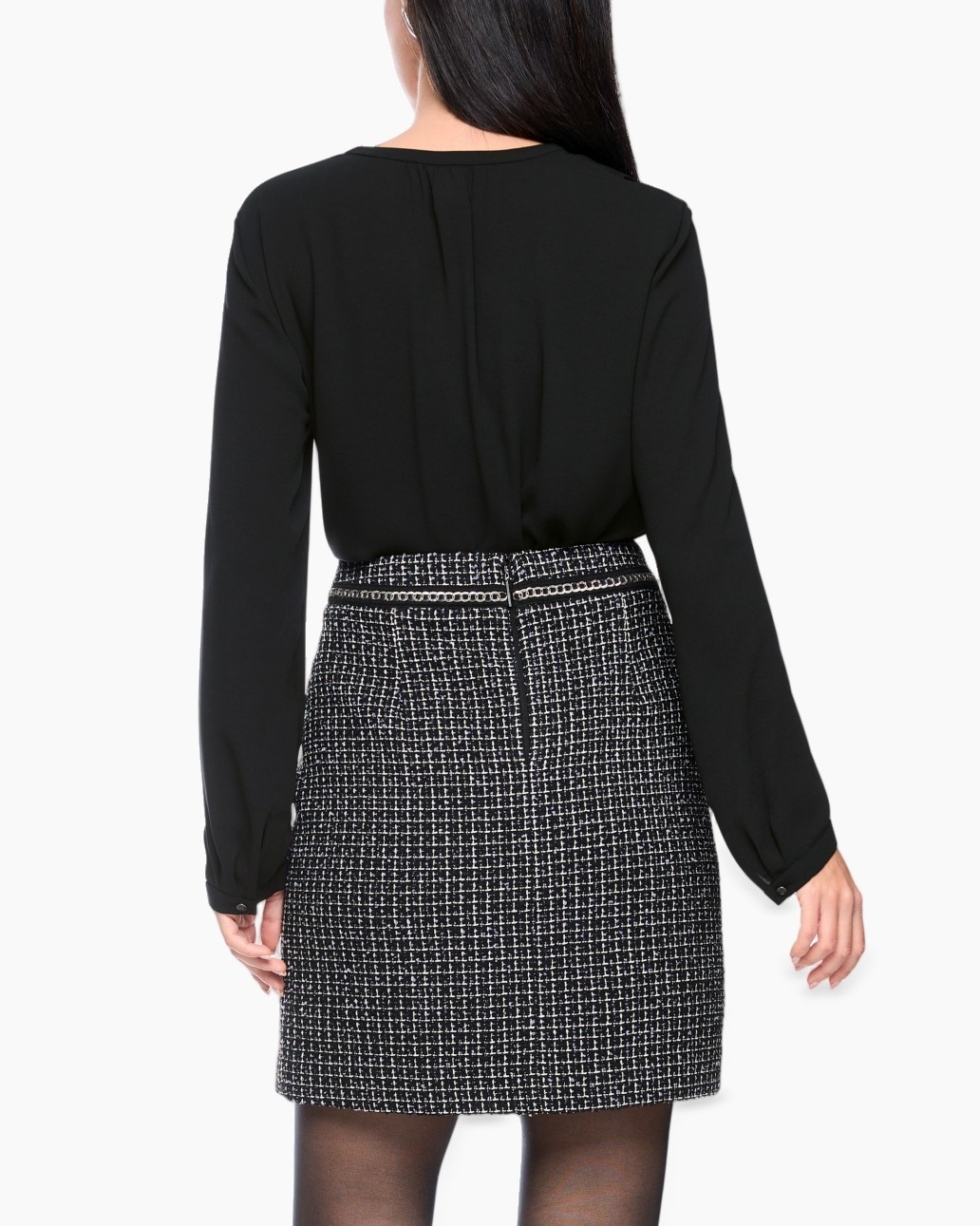 black blouse, ruffled front, long sleeves, solid color, black top
