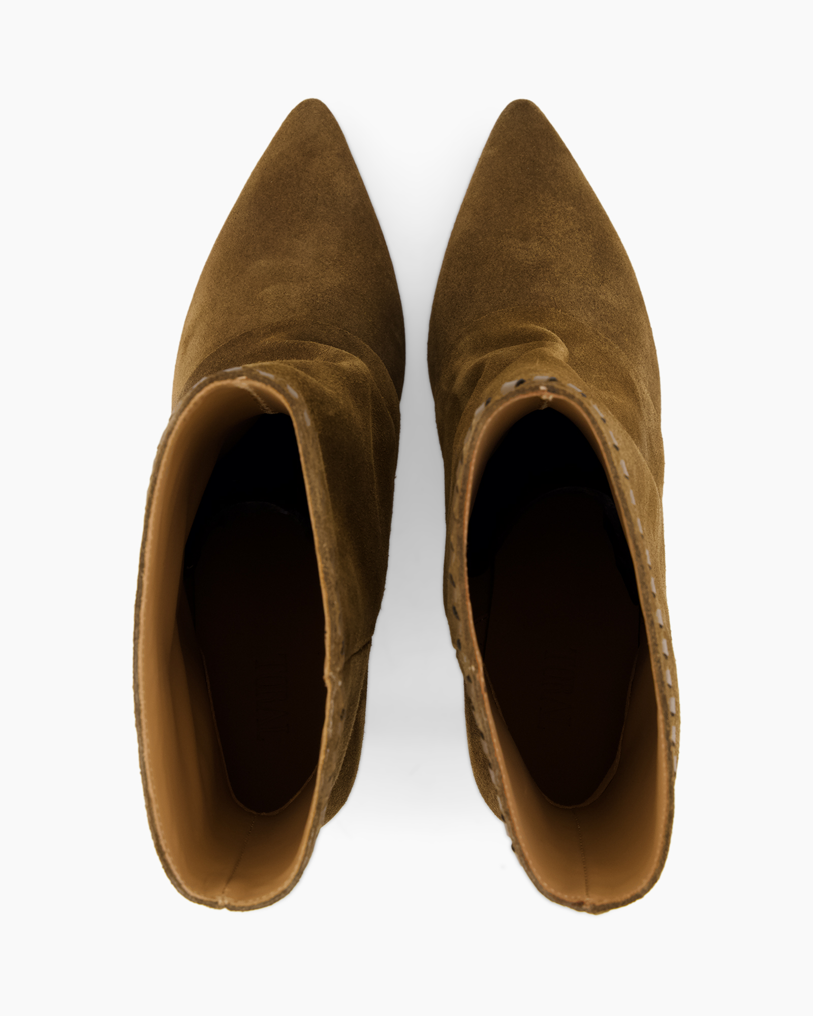 ankle boots, suede, brown, pointed toe, no heel, slouchy?, material suede