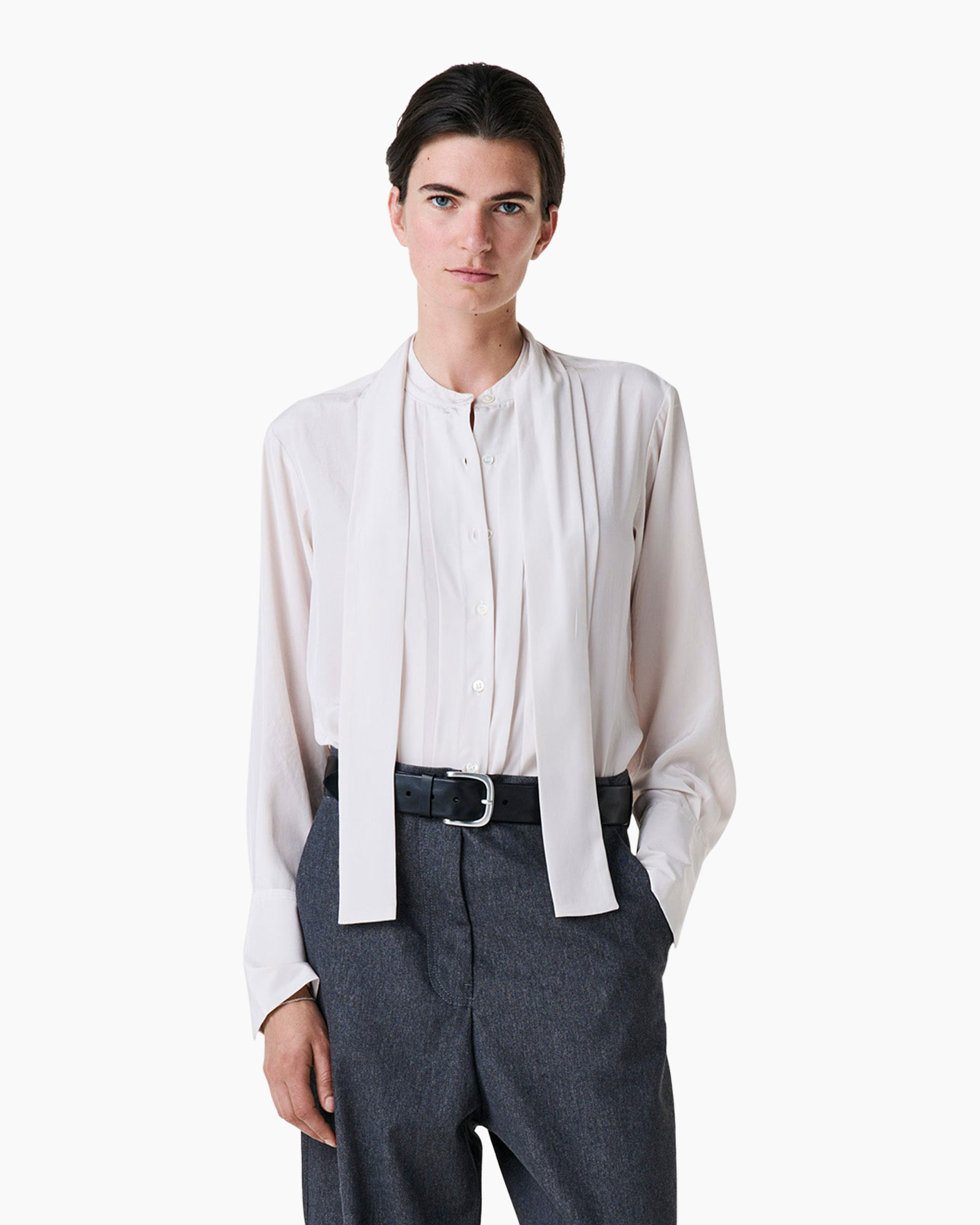 blouse, white blouse, long sleeves, tie-neck, dark trousers