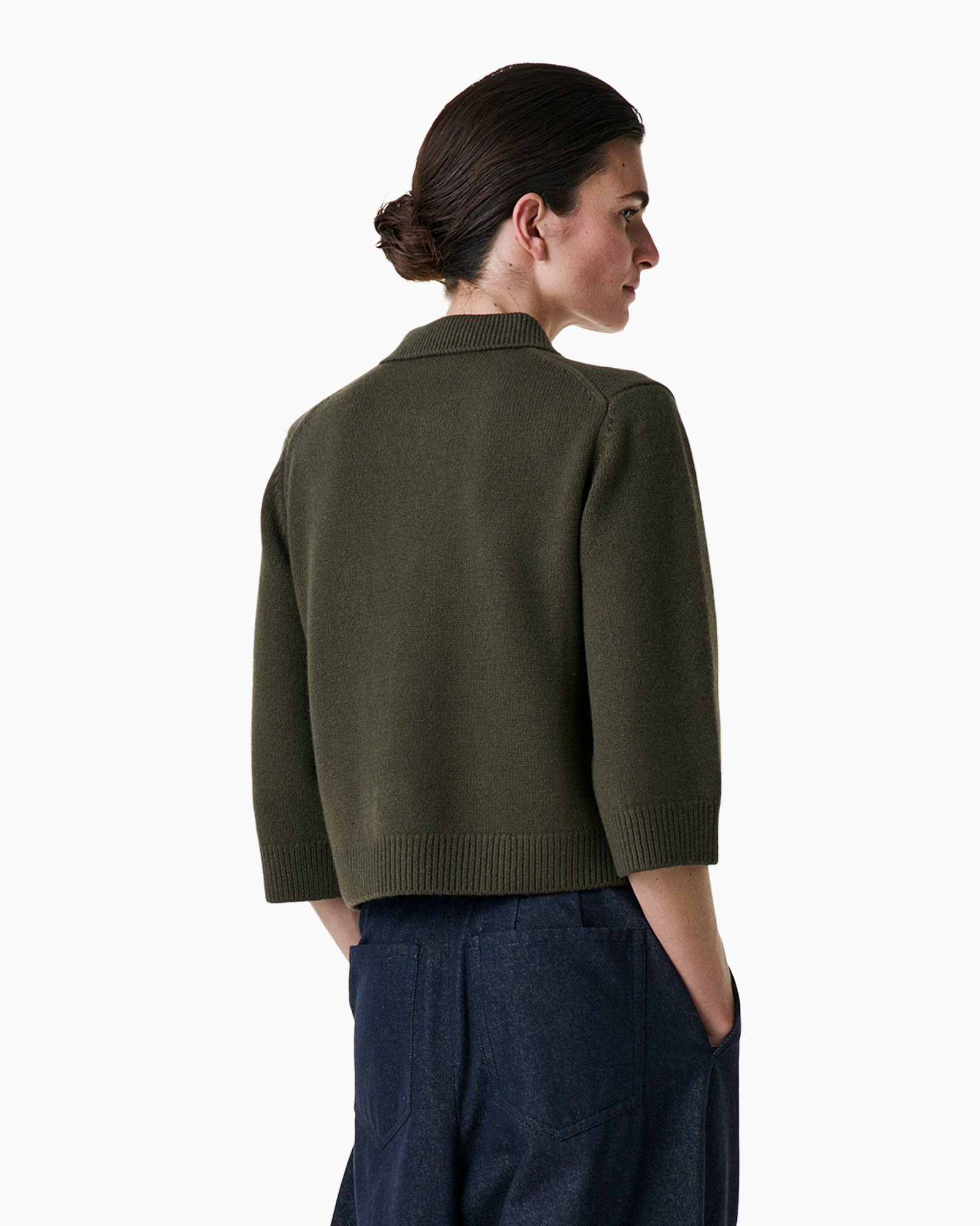cardigan, olive, knit, short-sleeve, back view