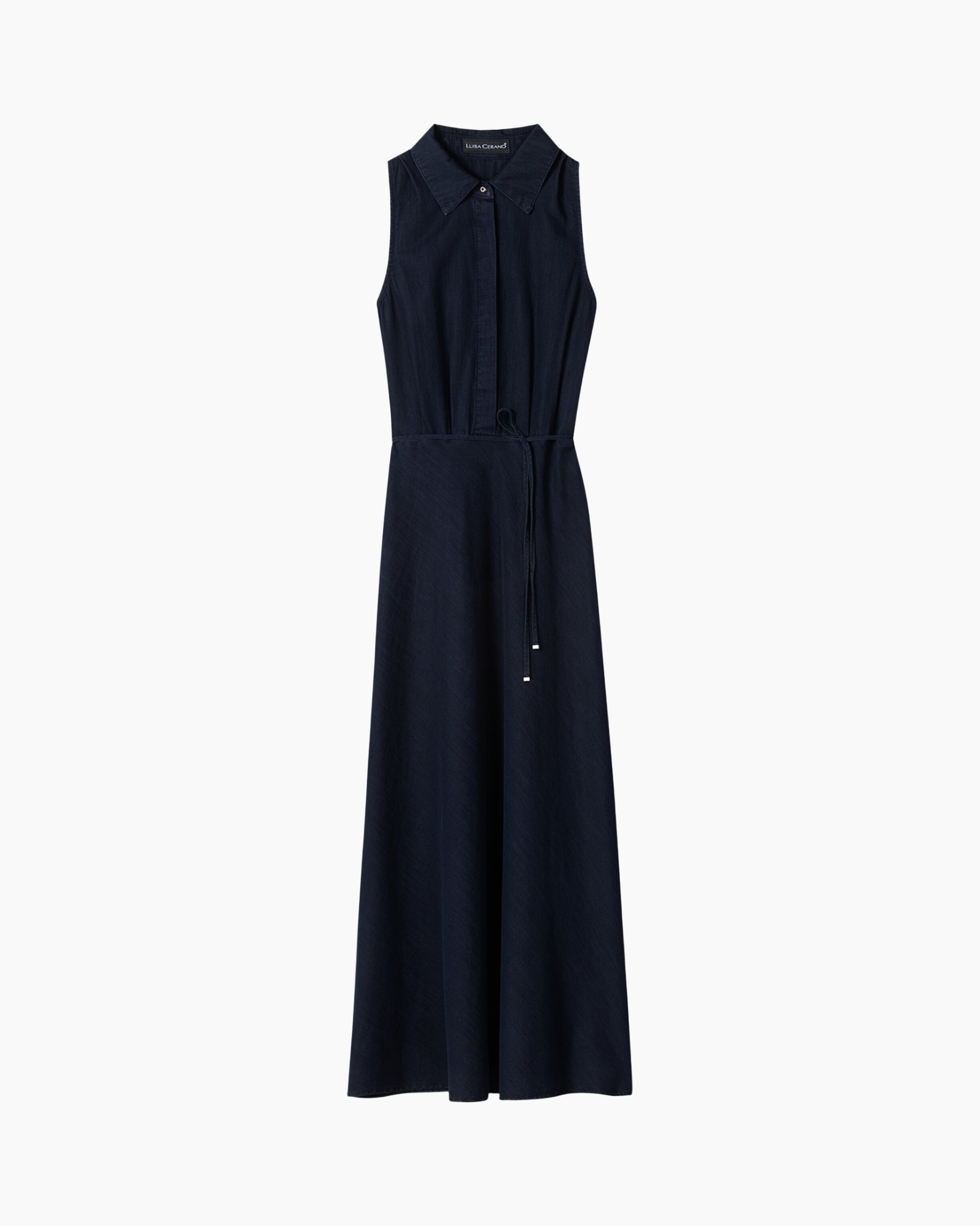 dress, jumpsuit?, maxi dress, sleeveless, collar, tie waist