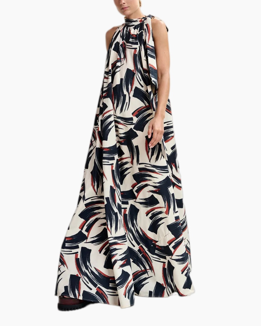 maxi dress, abstract print, sleeveless, halter neck, ankle length