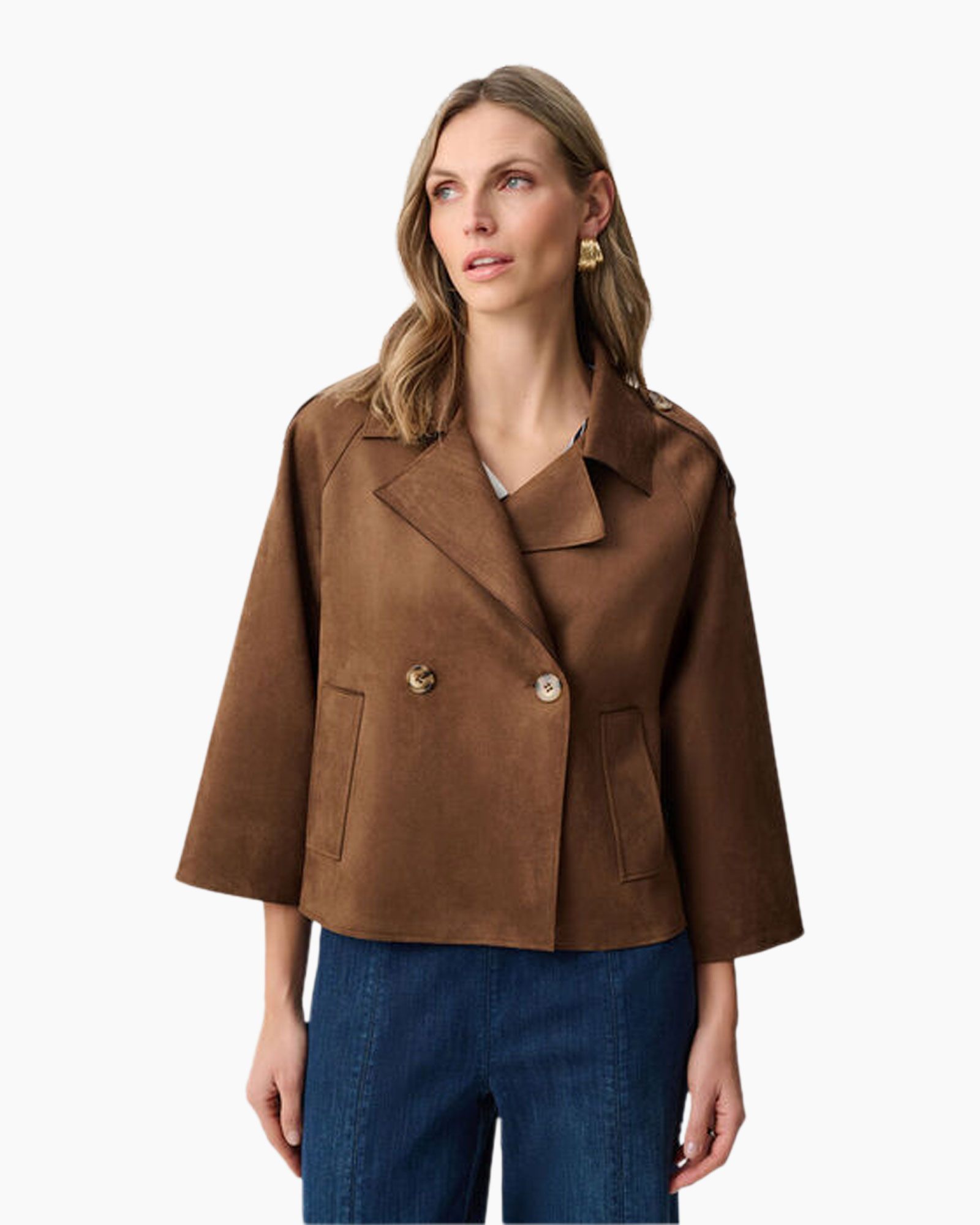 brown suede jacket, double-breasted, wide lapel, cropped jacket, long-sleeve