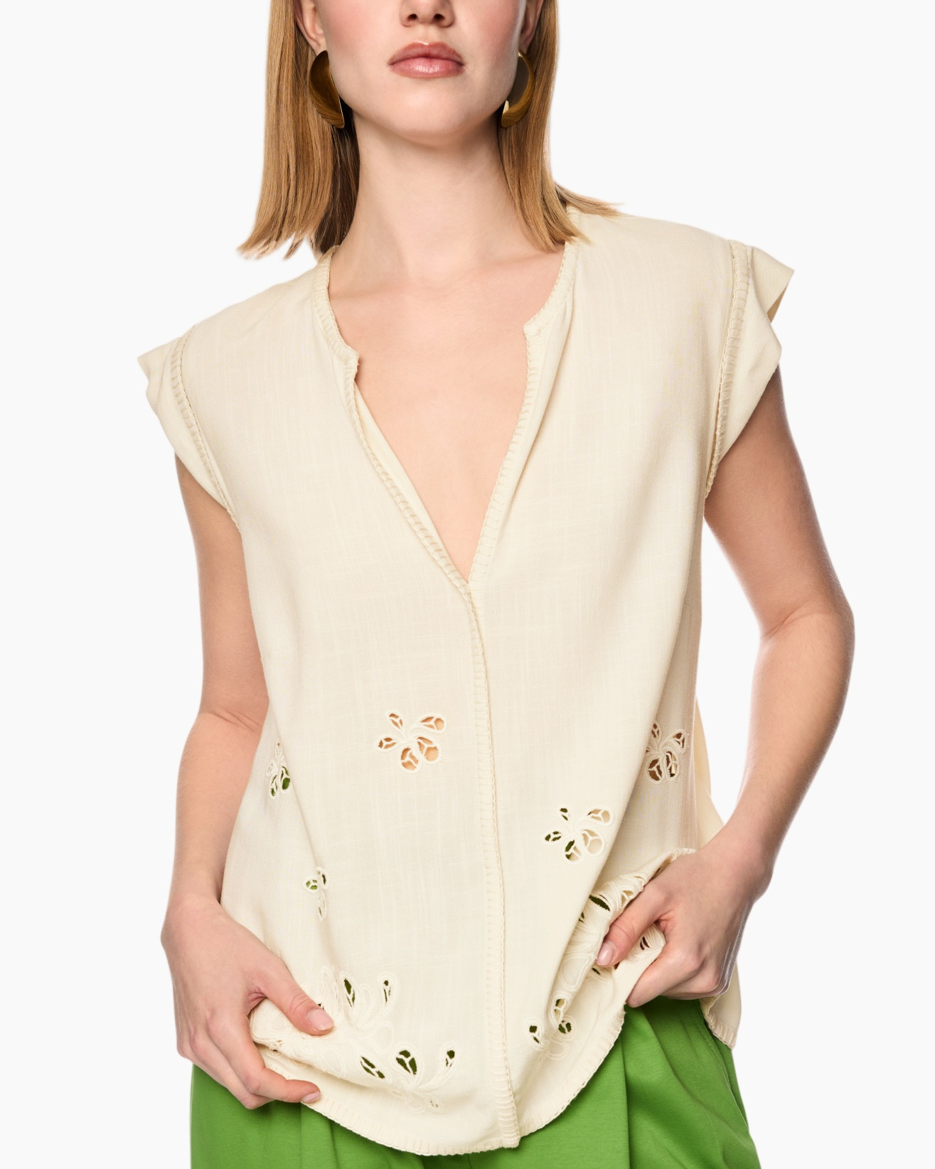 beige top, sleeveless, v-neck, eyelet details, soft fabric