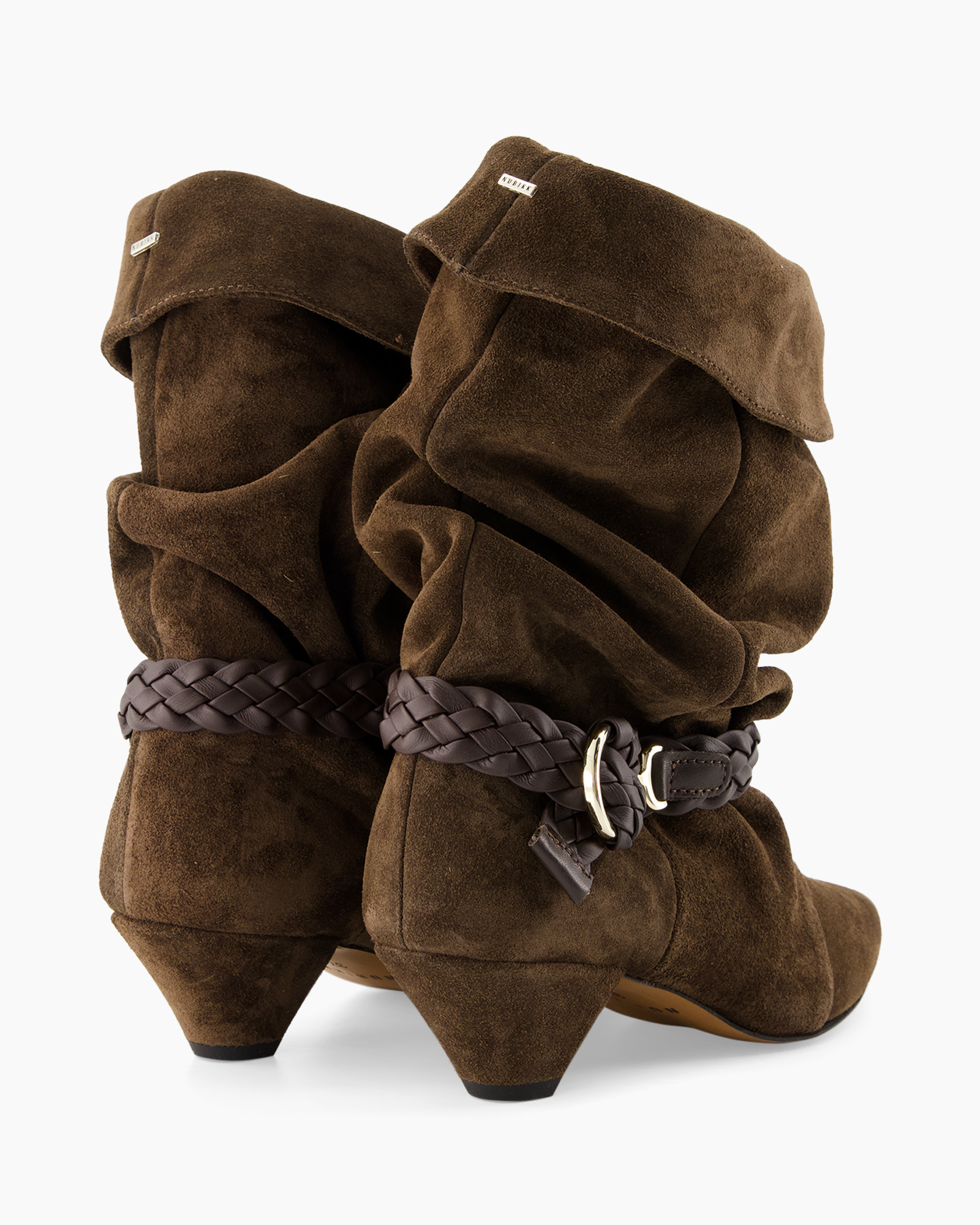 ankle boots, brown suede, wrap belt, low heel, back view