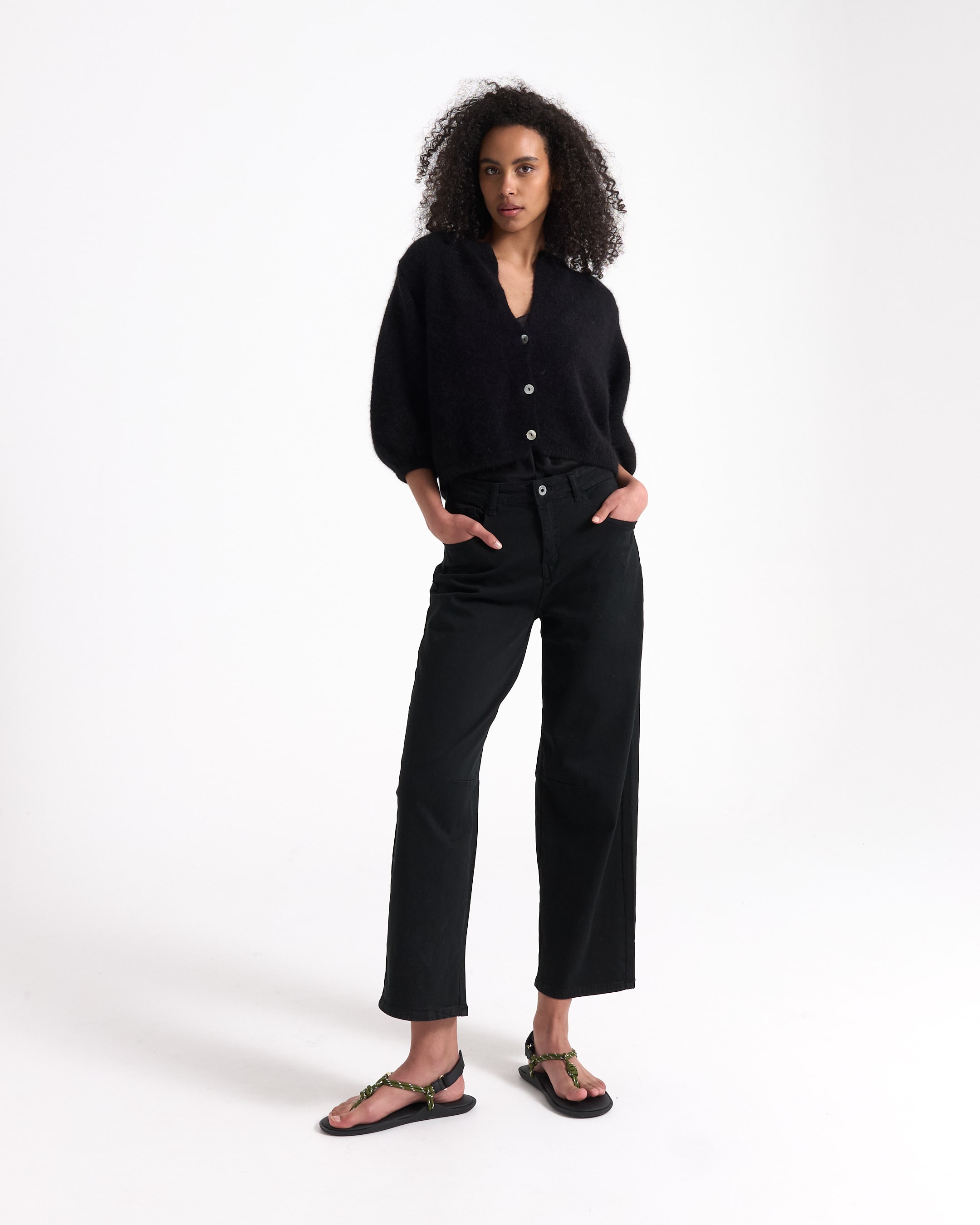 black cardigan, button-up, relaxed fit, black pants, sandals