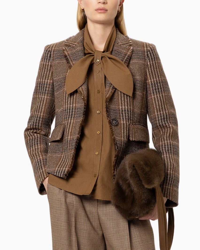 blazer, plaid, brown, scarf-bow, tweed