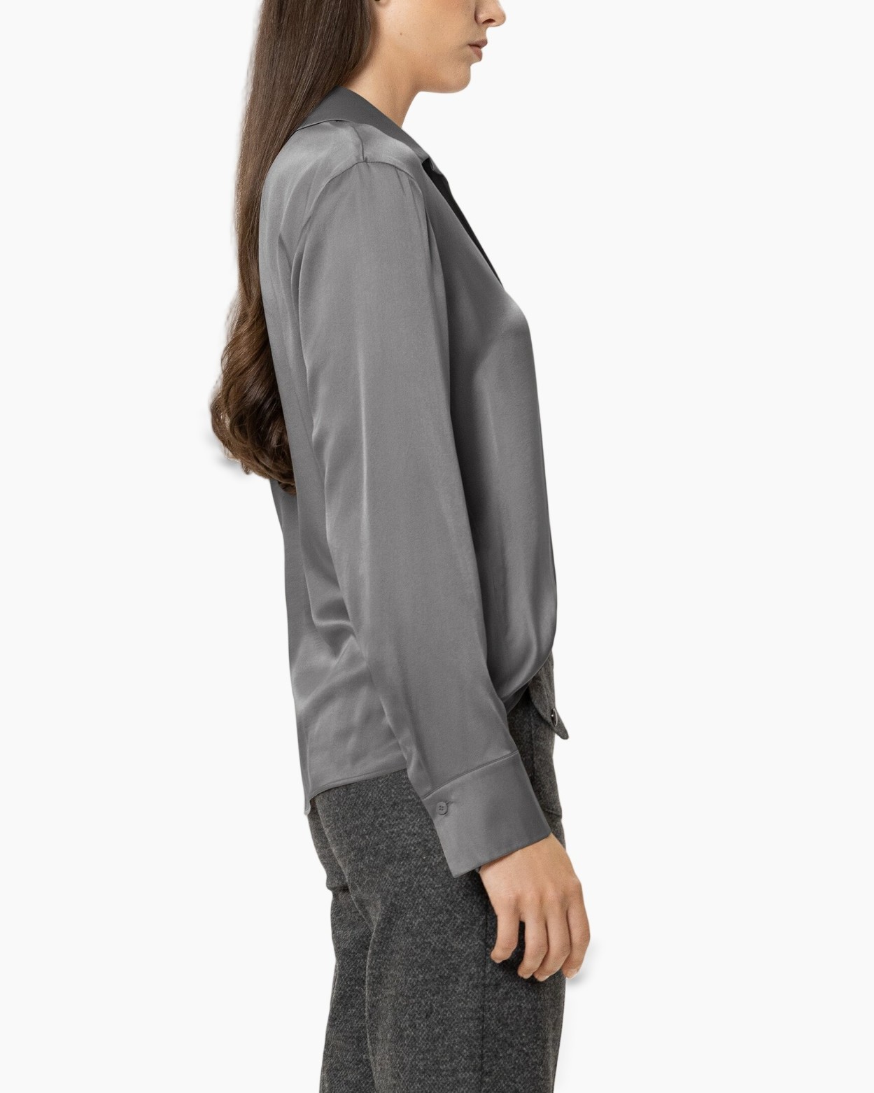 silk-like blouse, gray top, long sleeve, collared shirt, women's blouse