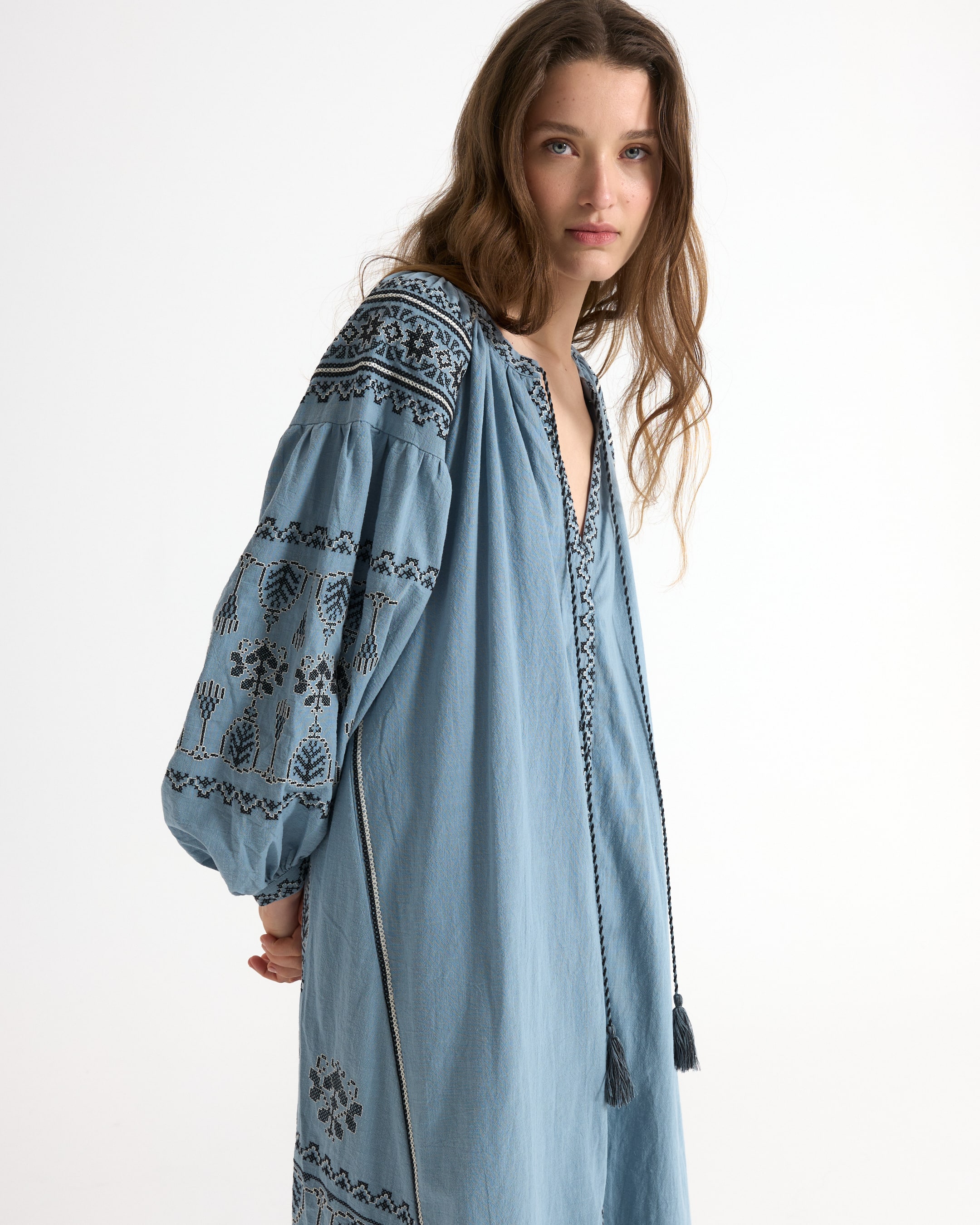 boho dress, embroidered, denim blue, long sleeve, vacation dress