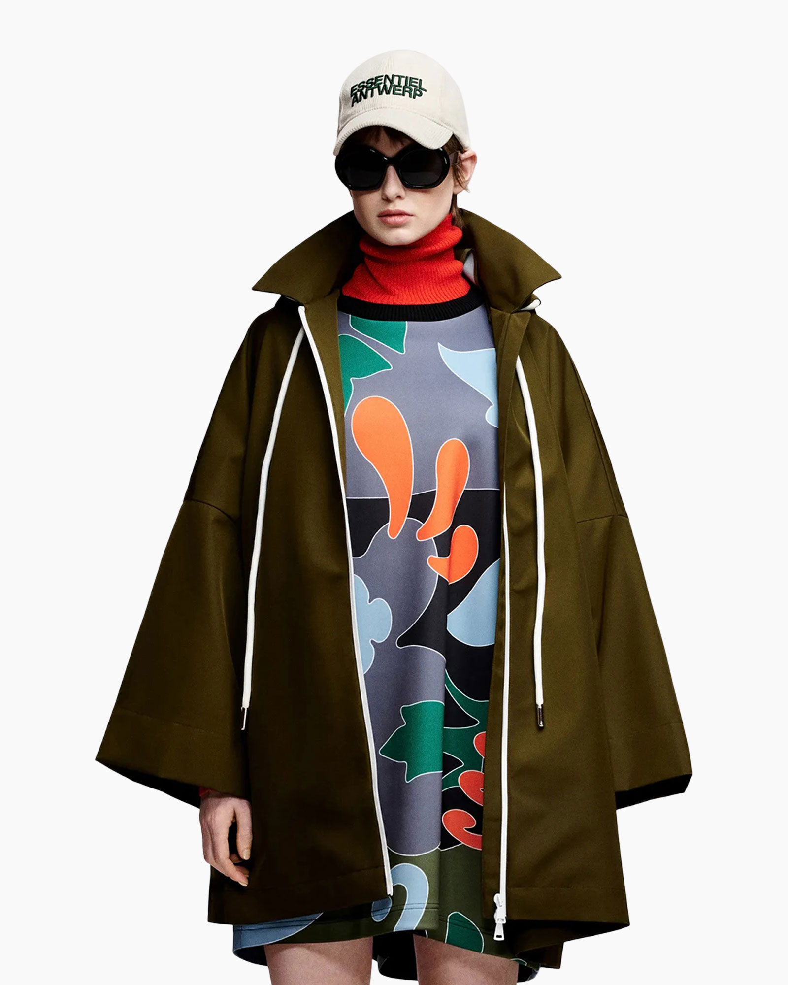 coat, parka, hooded, olive, colorful dress