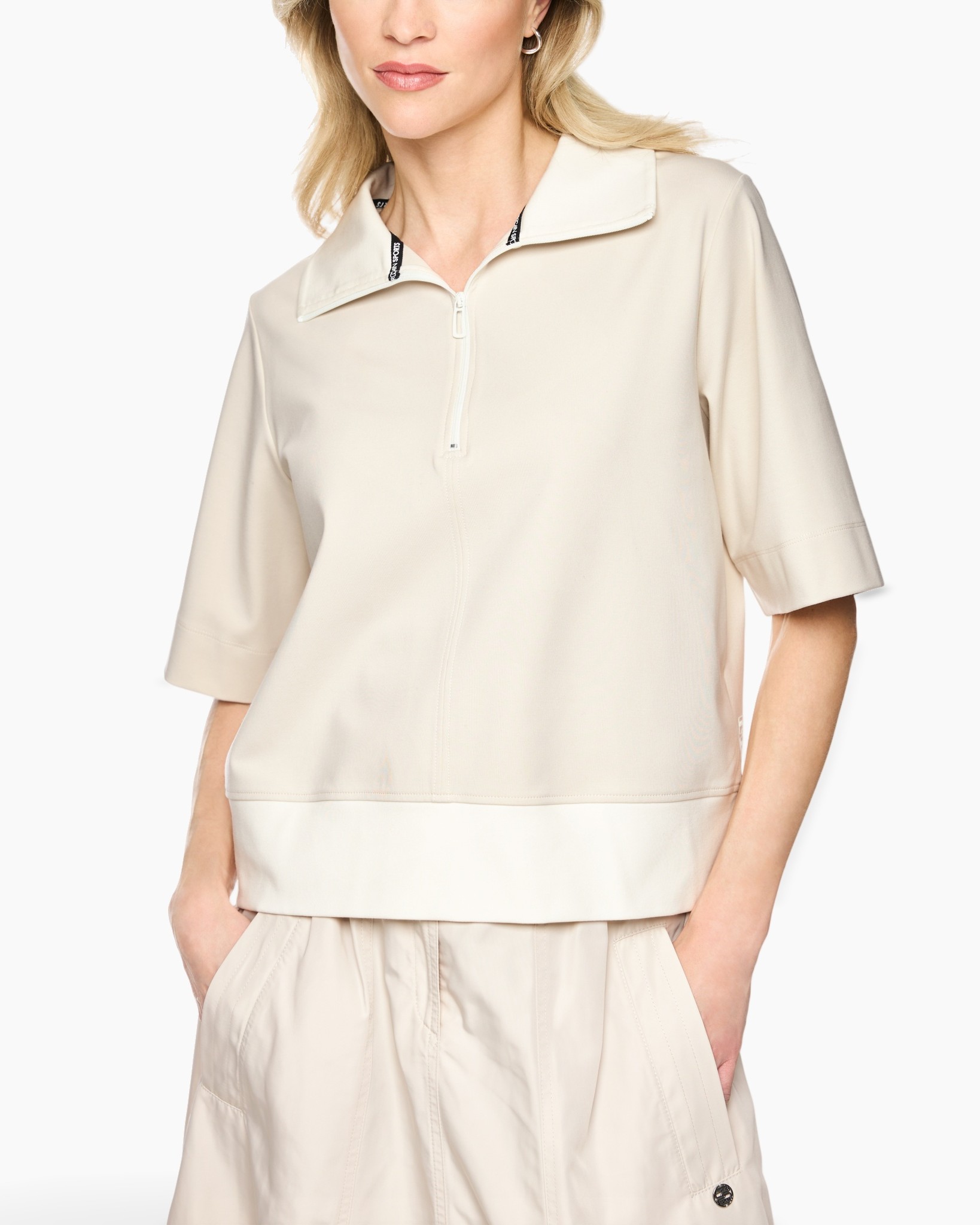 top, zipper, collar, half-sleeve, beige