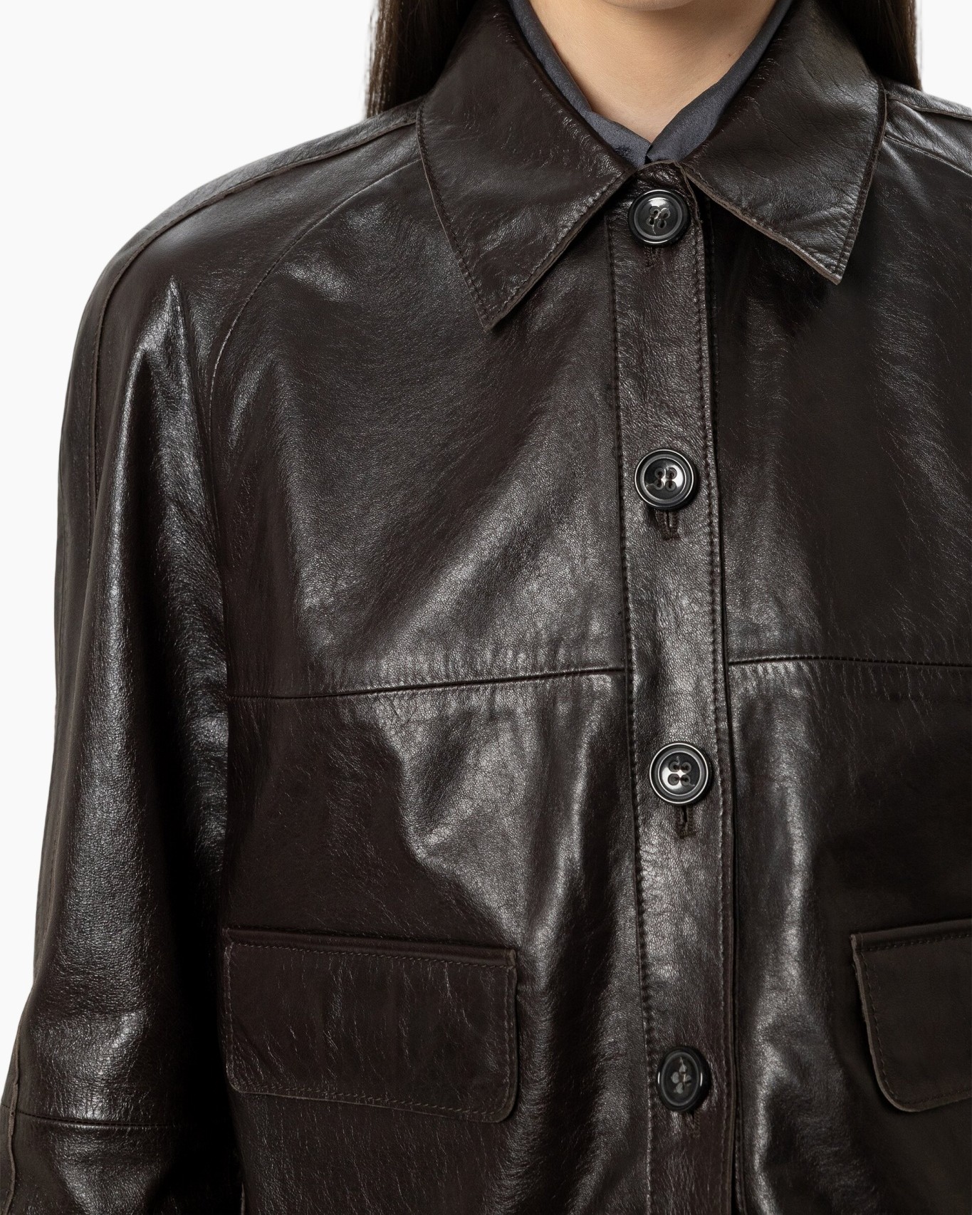 leather jacket, button front, collared, dark brown, pocket flaps
