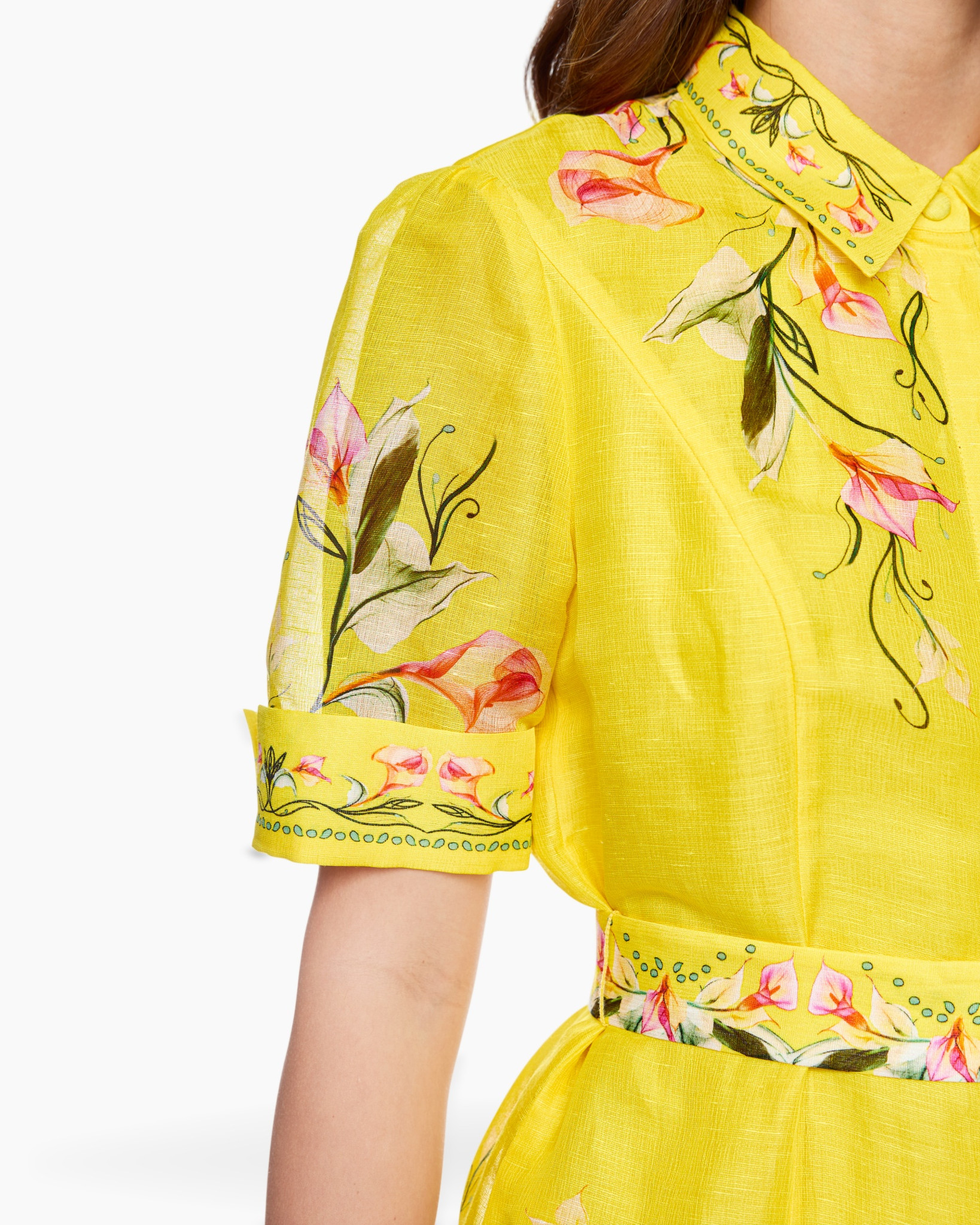 yellow, floral, dress, linen, short-sleeve