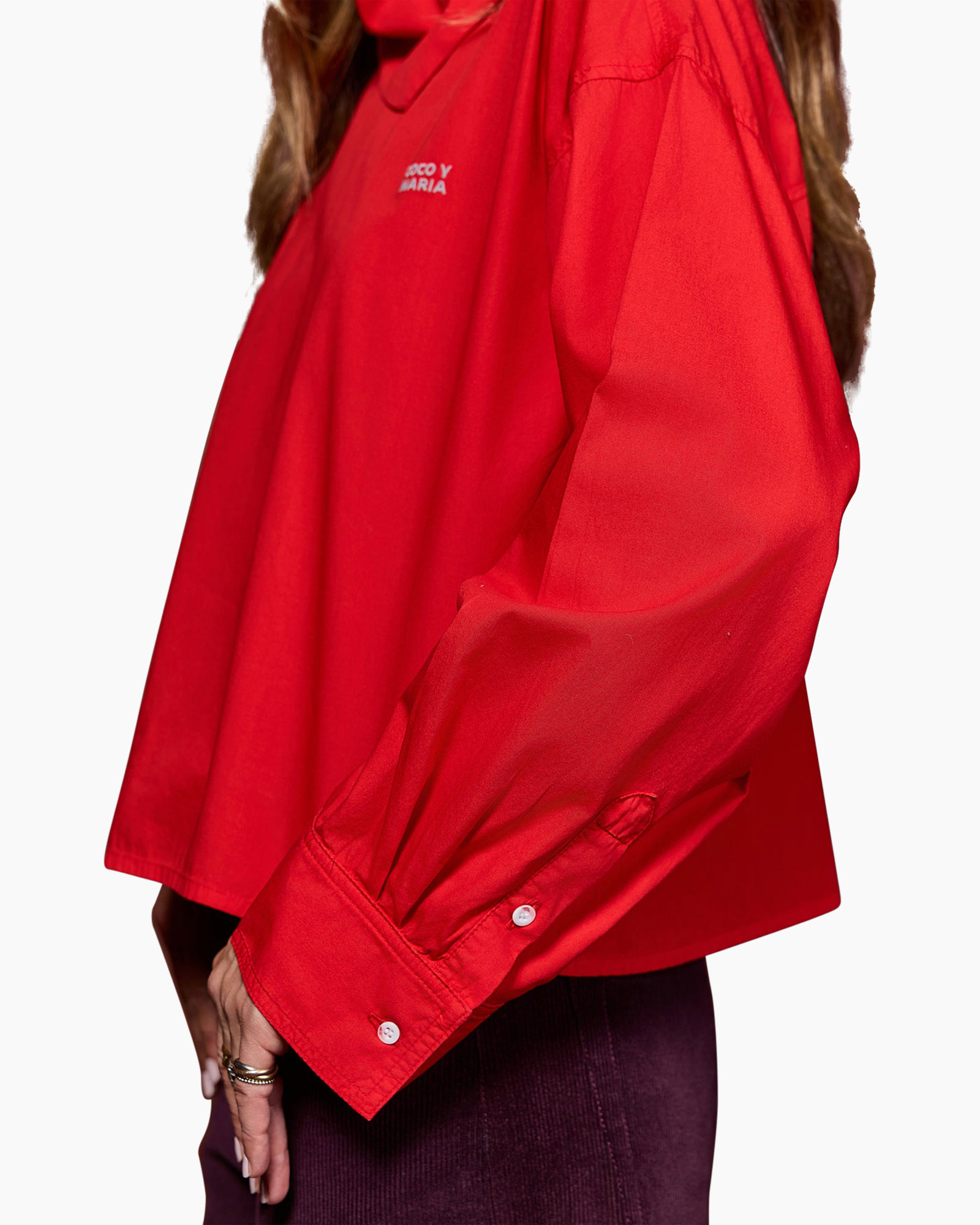 red shirt, oversized blouse, long sleeve, button cuff, cotton fabric