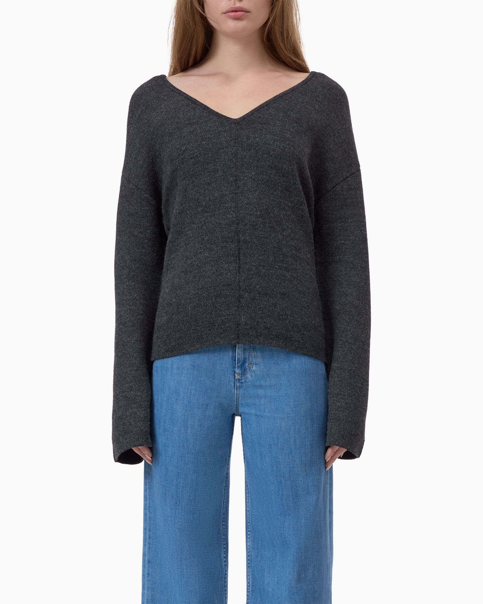 sweater, dark gray, v-neck, long sleeves, knit