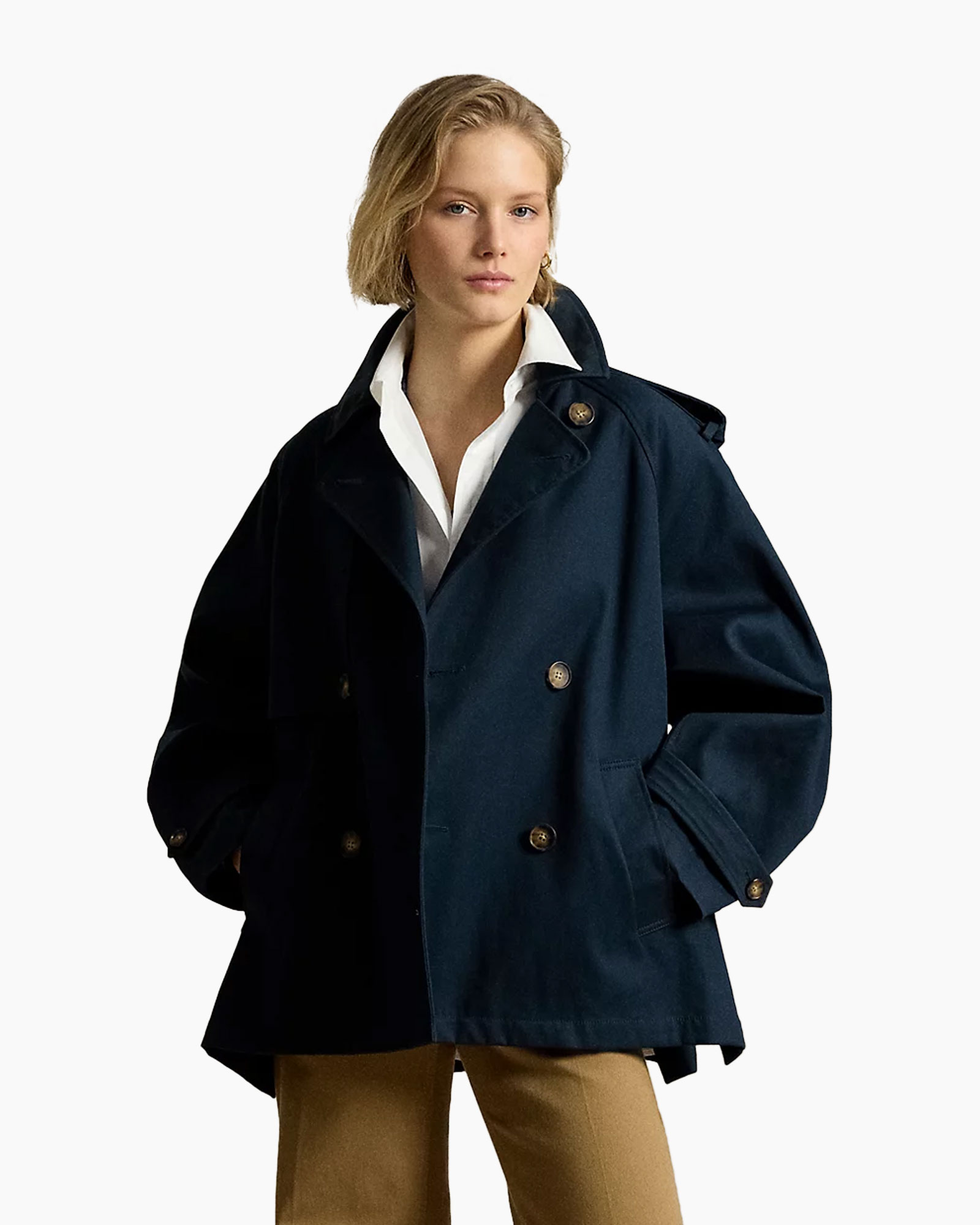 coat, trench coat, double-breasted, navy, long sleeve