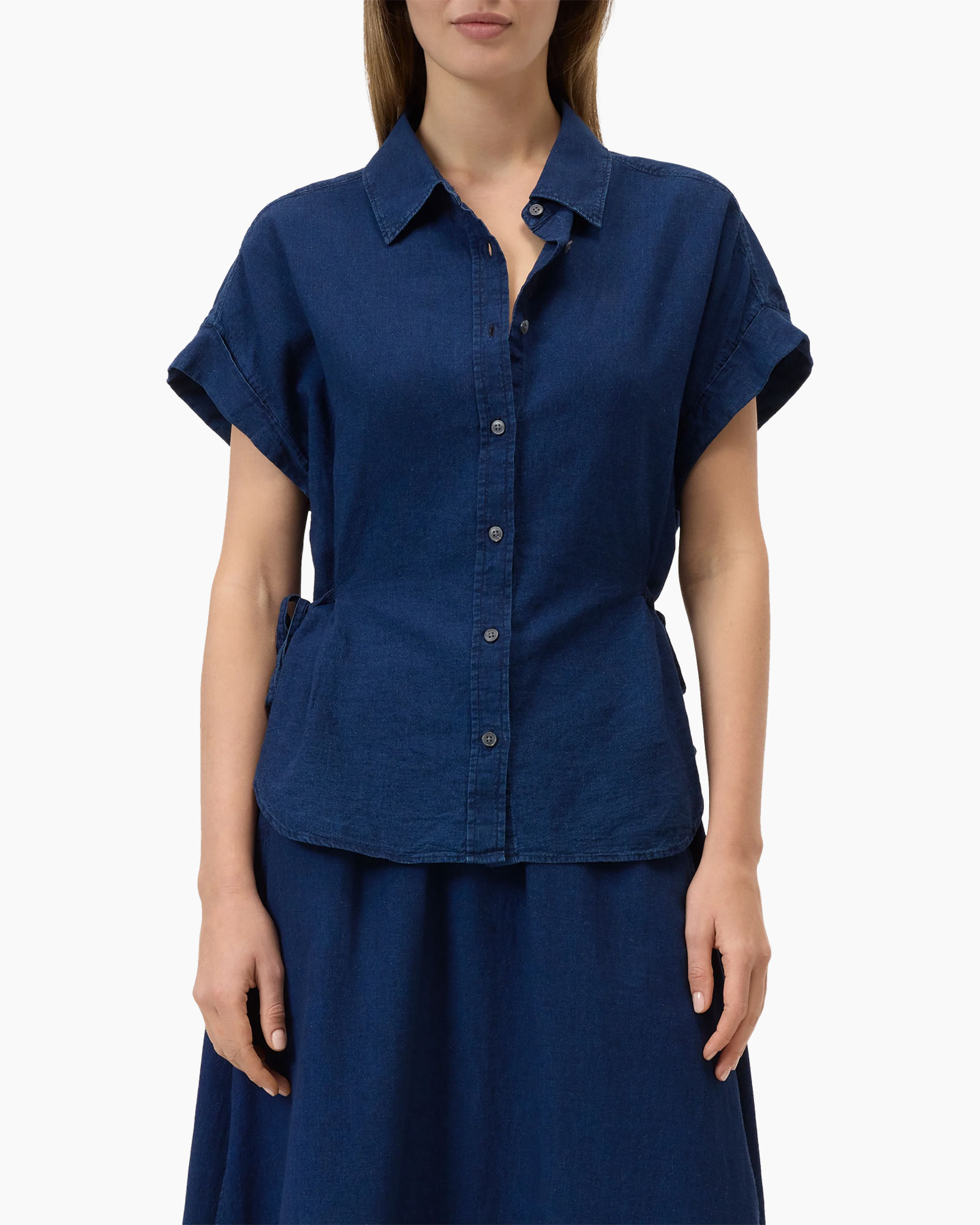 denim, button-up, short sleeves, collared, top