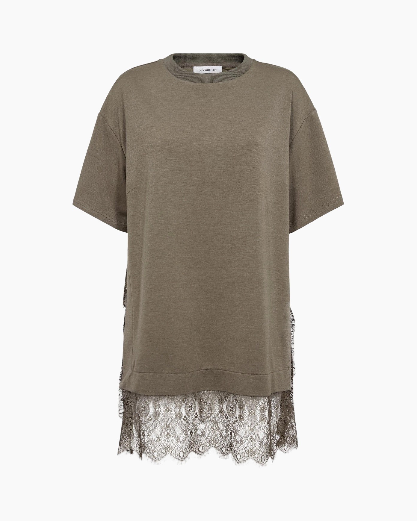 oversized tee, t-shirt dress, lace hem, khaki, short sleeve