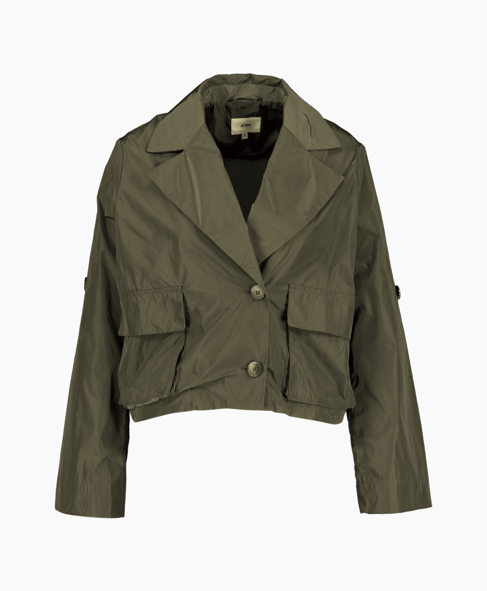 jacket, crop jacket, olive green, front pockets, notched collar, jacket, cotton, olive, cargo pockets, closing buttons