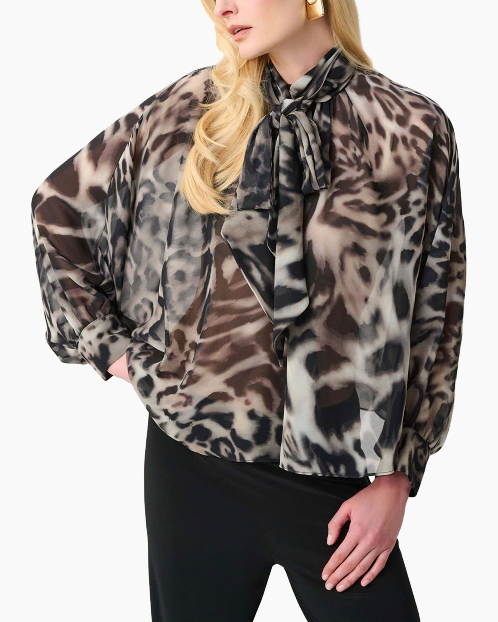 blouse, sheer, leopard print, puff sleeve, tie-neck