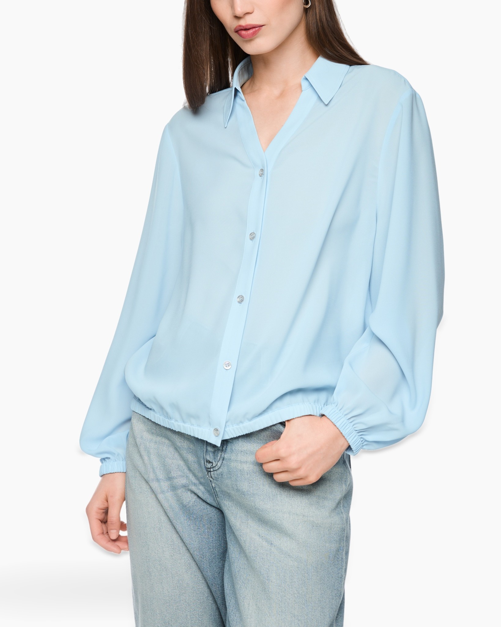 shirt, blouse, light blue, button-down, loose sleeves
