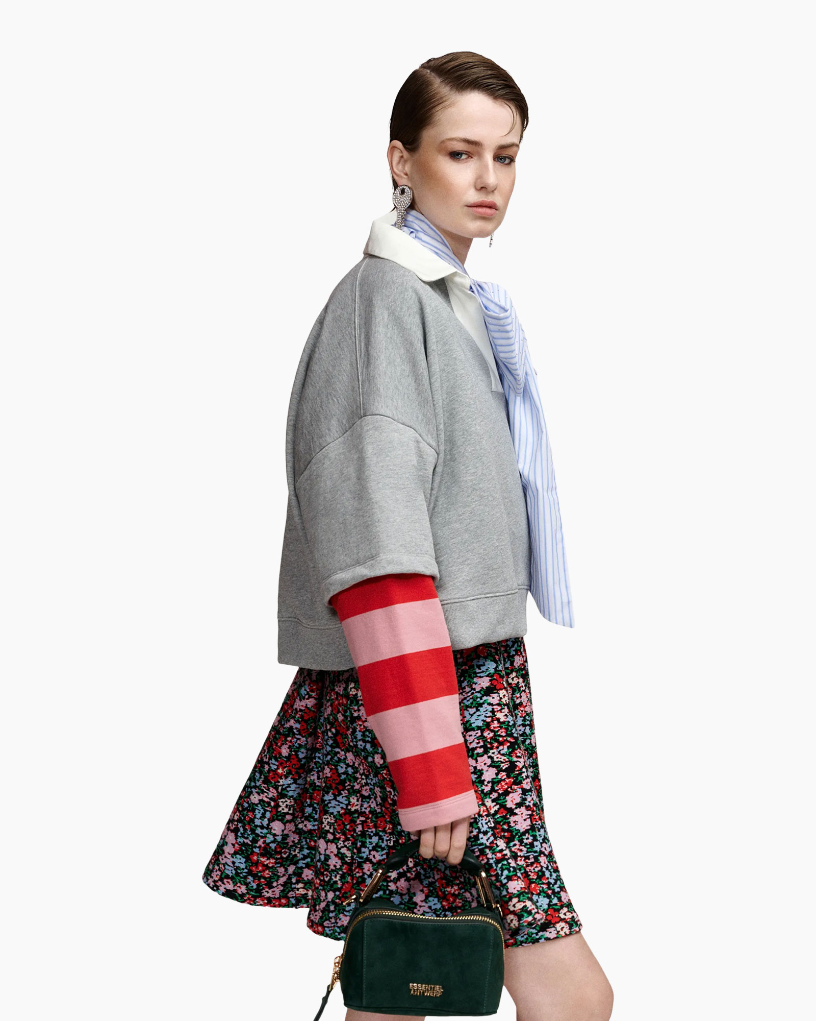 gray sweatshirt, oversized, striped sleeve, floral skirt, handbag