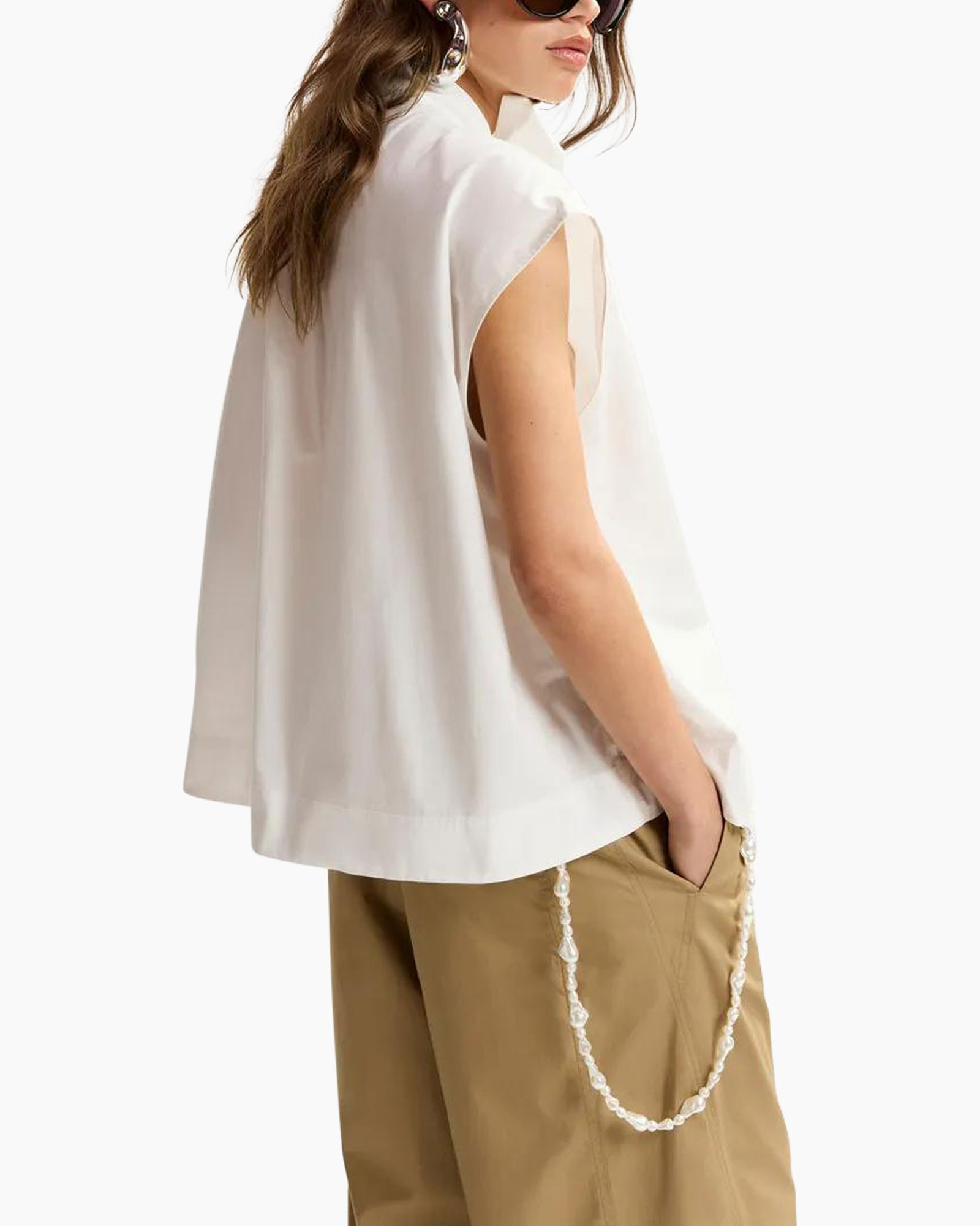 blouse, sleeveless, white, tie-neck, top