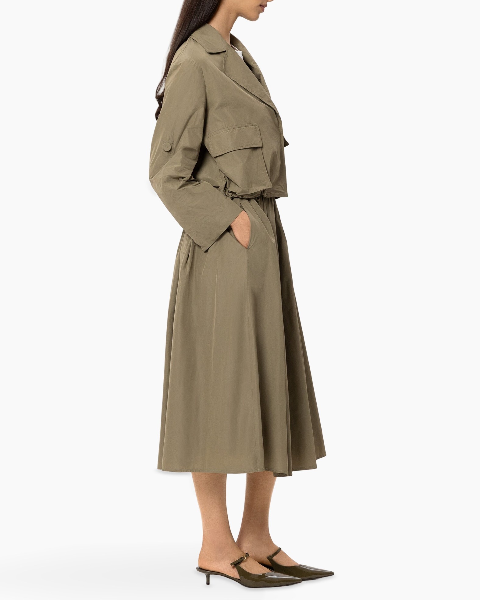 trench, trench coat, khaki, mid length, belted