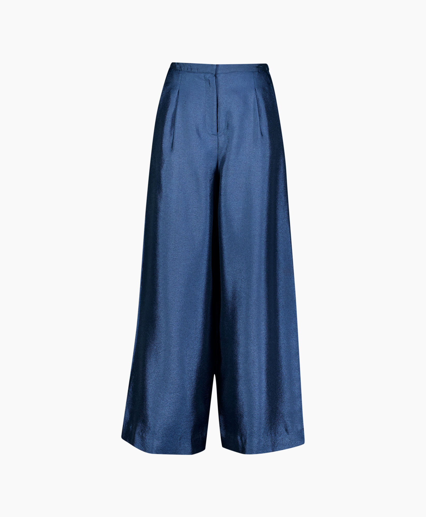wide-leg pants, palazzo pants, blue satin, elastic waist, ankle length