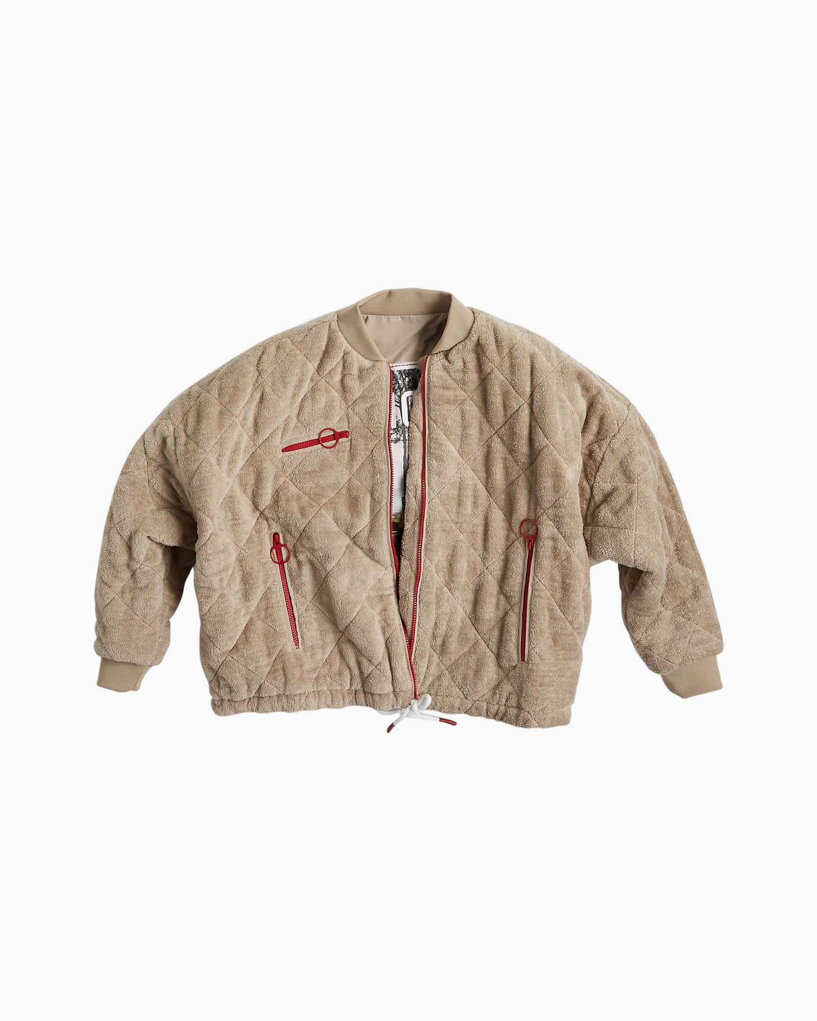 quilted jacket, beige, zipper pockets, athleisure, lossy drawstring