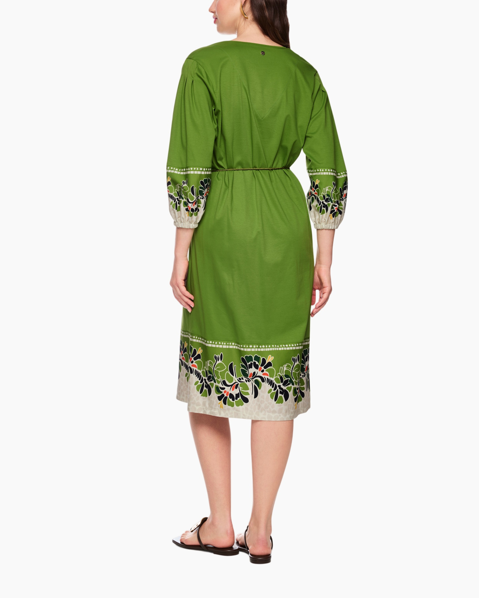 dress, green, embroidery, belt, sandals